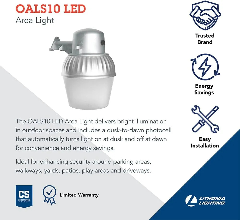 Lithonia Lighting LED Outdoor Flood Light Fixture, Exterior Dusk Dawn Security Light with Photocell Sensor, Gray (OALS10)