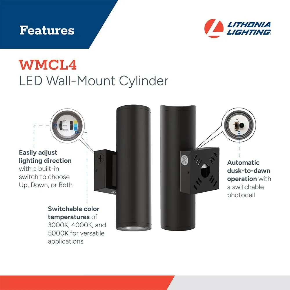 Lithonia Lighting WMCL 4 Inch LED Outdoor Wall Light, Modern Cylinder Outdoor Wall Sconce with Up/Down/Both Beam Direction, Selectable White Color, Photocell Dusk-to-Dawn, 75-Degree Beam Spread