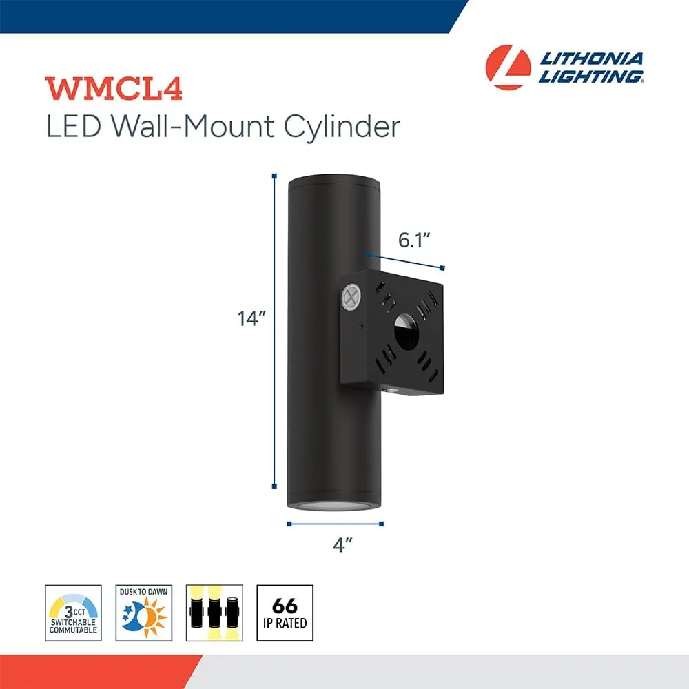 Lithonia Lighting WMCL 4 Inch LED Outdoor Wall Light, Modern Cylinder Outdoor Wall Sconce with Up/Down/Both Beam Direction, Selectable White Color, Photocell Dusk-to-Dawn, 75-Degree Beam Spread