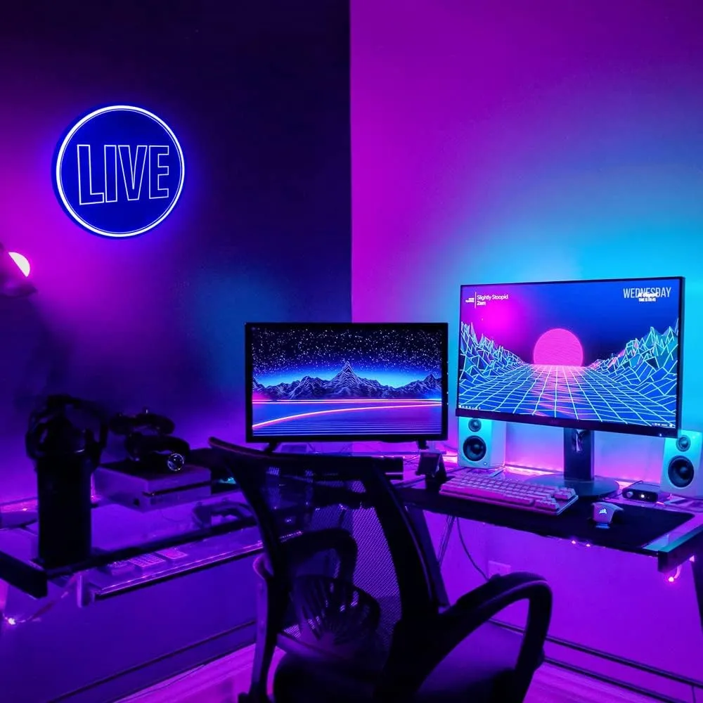 Live Neon Lights Sign, USB Powered Live On Air Led Light Sign, Dimmable Wall Décor Round Live Streaming Neon Night Light LED Sign for Streamer, Gamer, Game Room, Studio Decor (Blue)