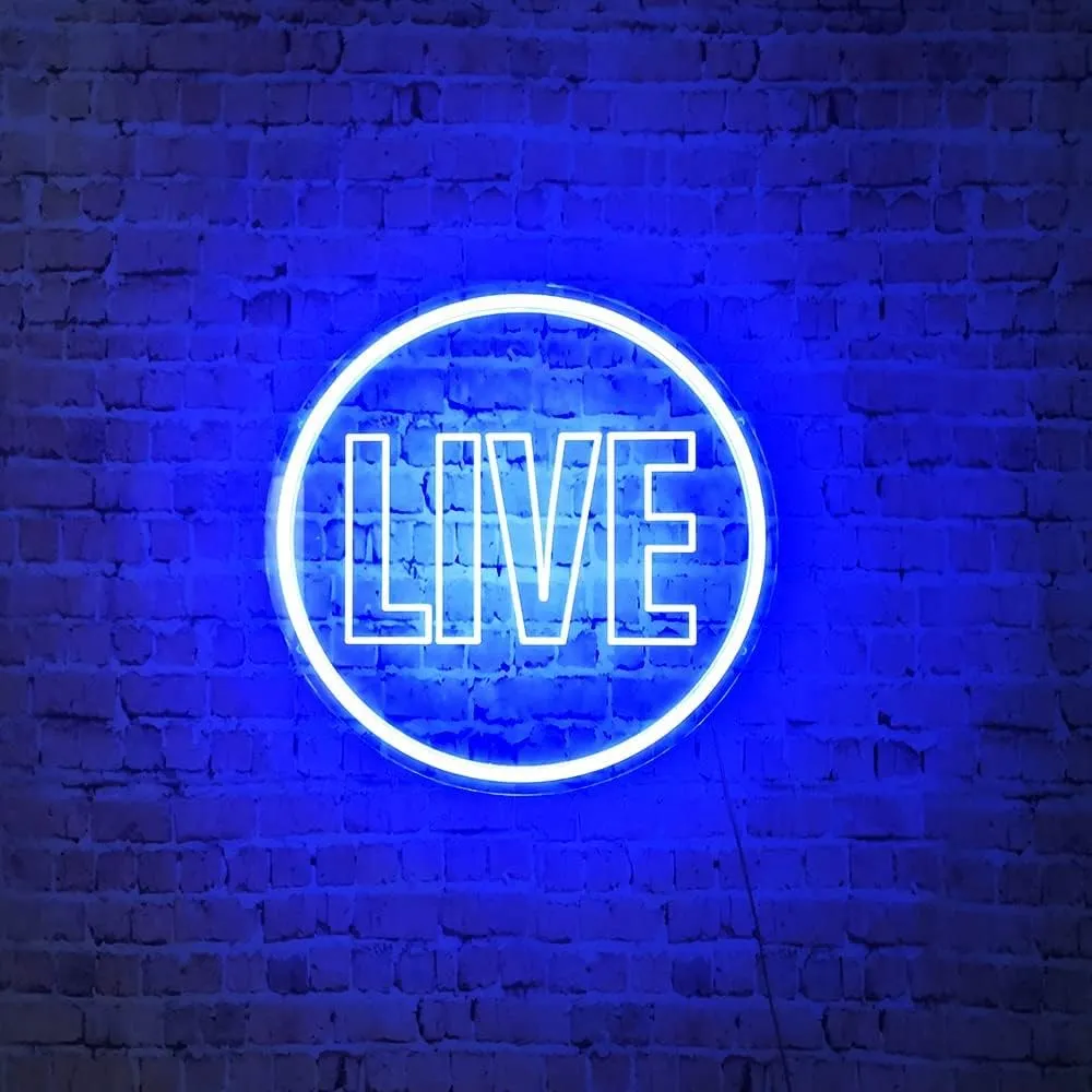 Live Neon Lights Sign, USB Powered Live On Air Led Light Sign, Dimmable Wall Décor Round Live Streaming Neon Night Light LED Sign for Streamer, Gamer, Game Room, Studio Decor (Blue)