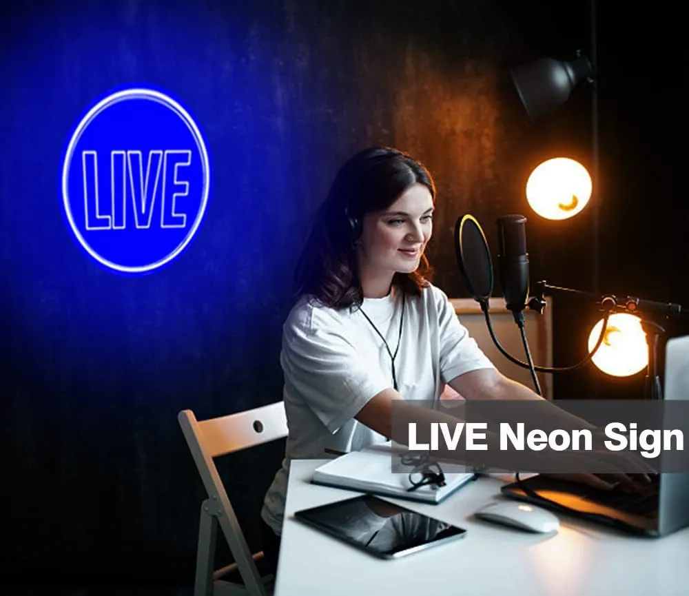 Live Neon Lights Sign, USB Powered Live On Air Led Light Sign, Dimmable Wall Décor Round Live Streaming Neon Night Light LED Sign for Streamer, Gamer, Game Room, Studio Decor (Blue)