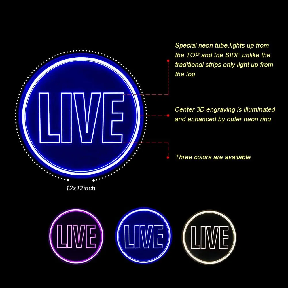 Live Neon Lights Sign, USB Powered Live On Air Led Light Sign, Dimmable Wall Décor Round Live Streaming Neon Night Light LED Sign for Streamer, Gamer, Game Room, Studio Decor (Blue)