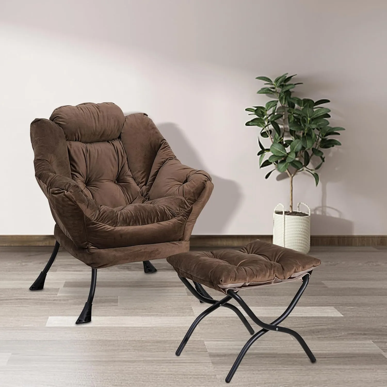 Lounge Chair with Ottoman,Lazy Chair with Ottoman,Comfy Accent Chair with Soft Suede Fabric and Steel Frame, 300lbs Capacity,Easy to Install (Brown)