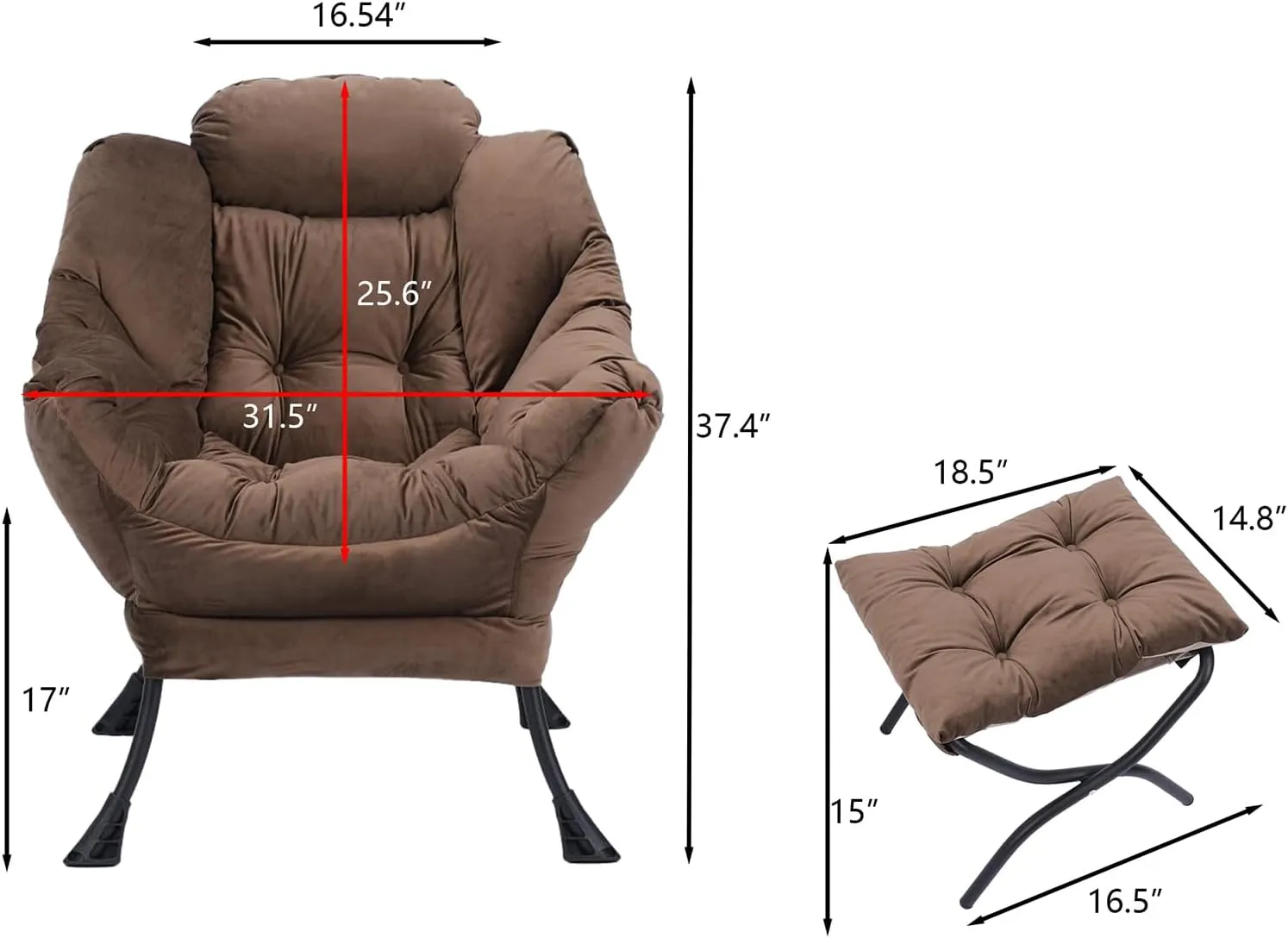 Lounge Chair with Ottoman,Lazy Chair with Ottoman,Comfy Accent Chair with Soft Suede Fabric and Steel Frame, 300lbs Capacity,Easy to Install (Brown)