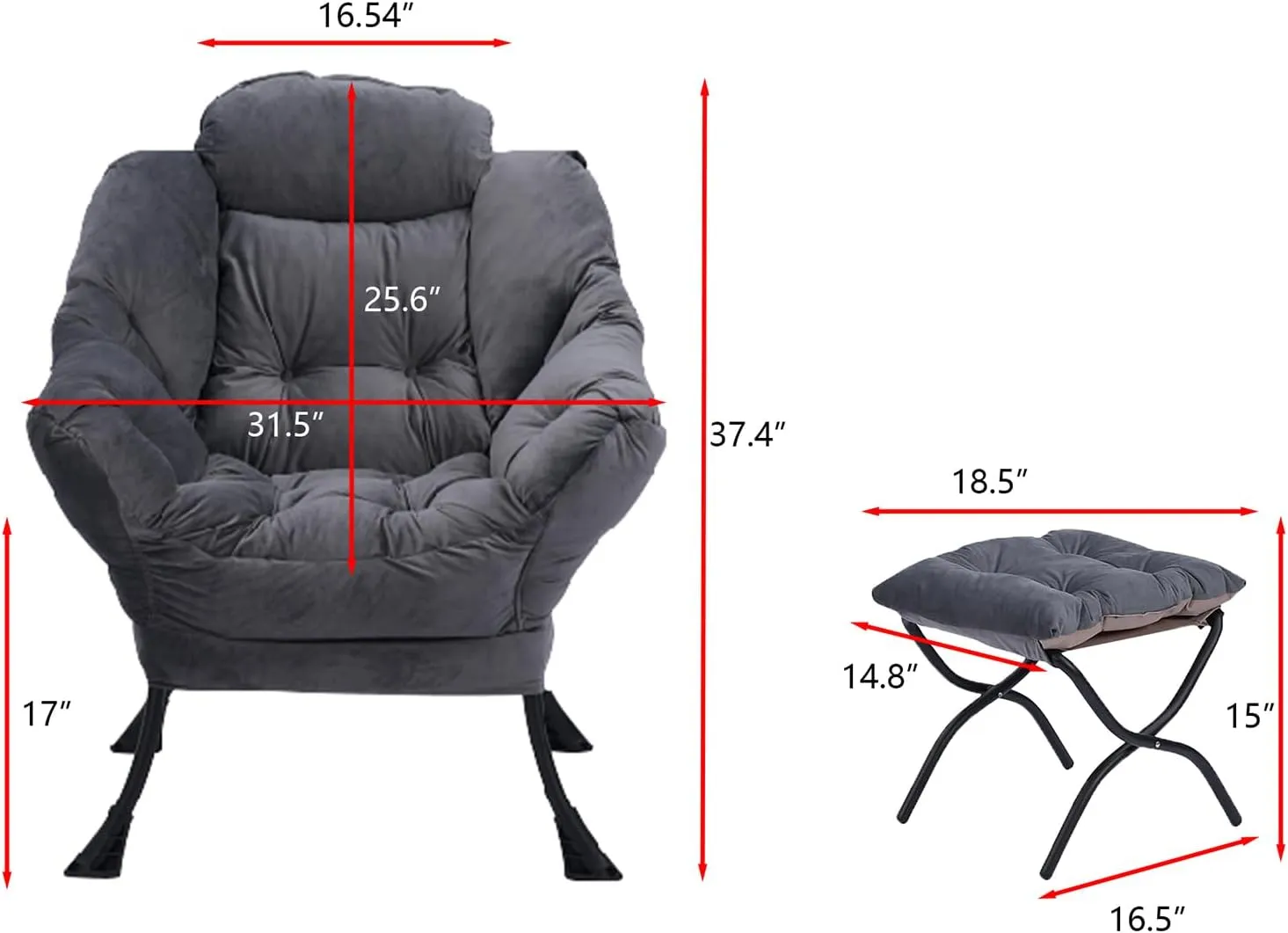 Lounge Chair with Ottoman,Lazy Chair with Ottoman,Comfy Accent Chair with Soft Suede Fabric and Steel Frame, 300lbs Capacity,Easy to Install (Dark Grey)