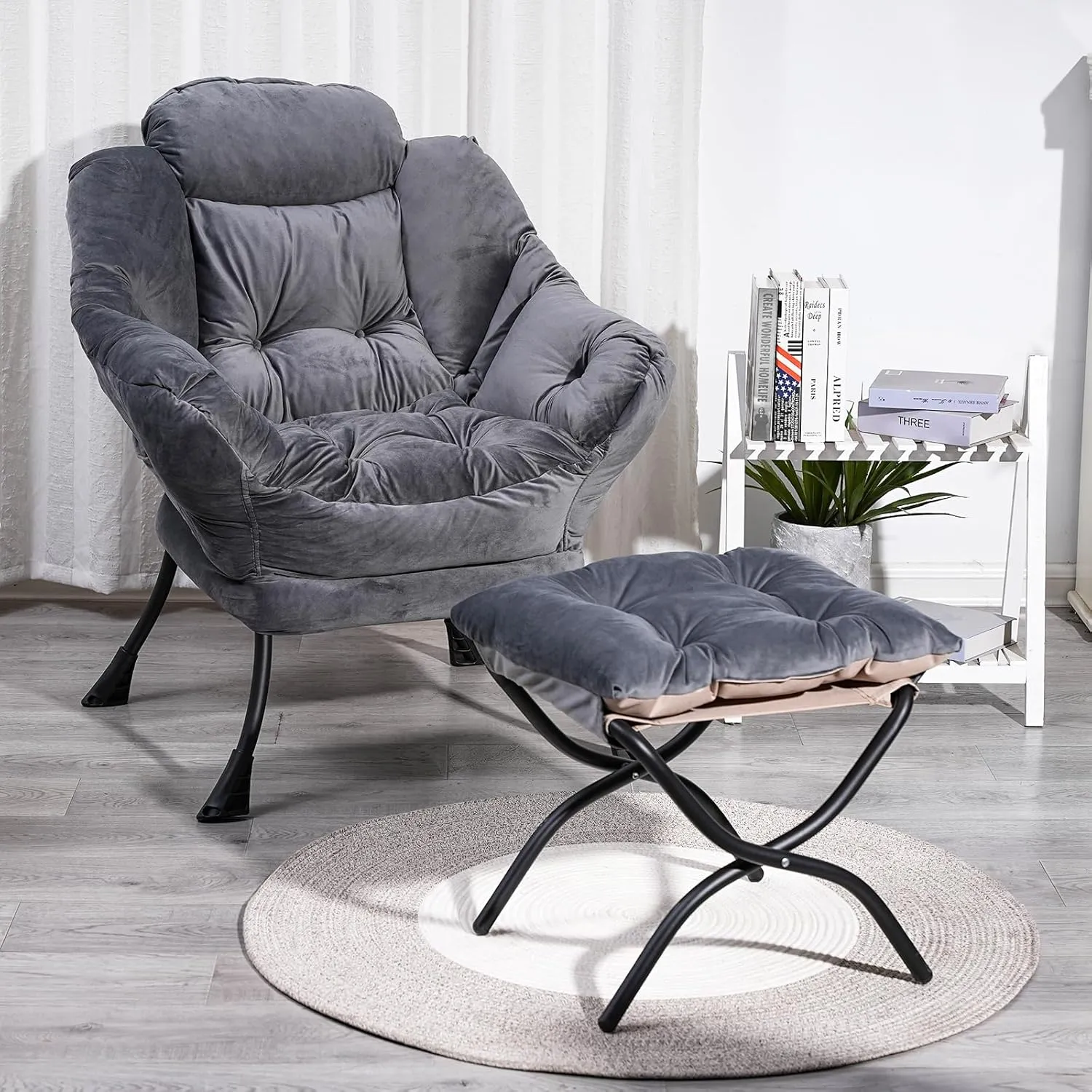 Lounge Chair with Ottoman,Lazy Chair with Ottoman,Comfy Accent Chair with Soft Suede Fabric and Steel Frame, 300lbs Capacity,Easy to Install (Dark Grey)