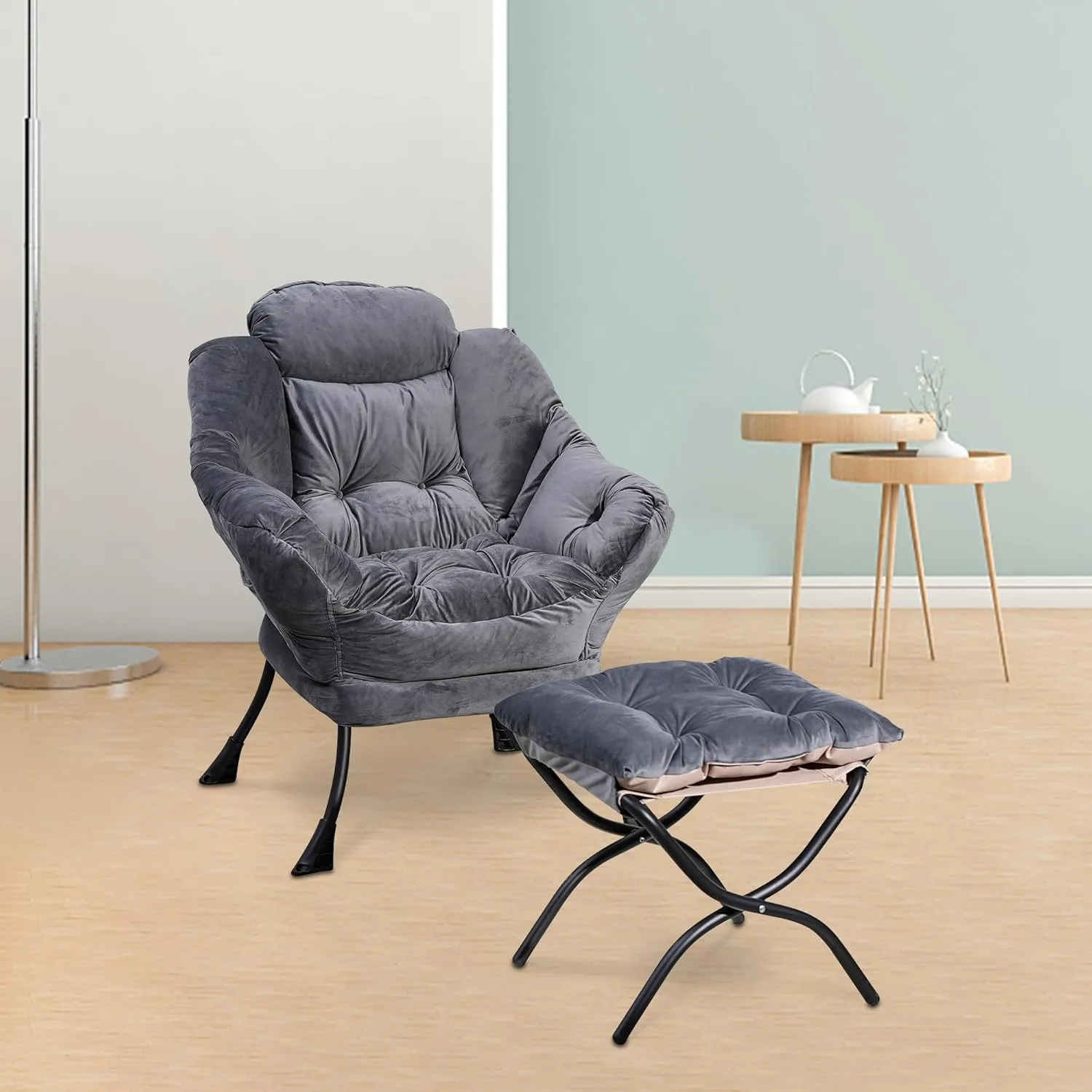 Lounge Chair with Ottoman,Lazy Chair with Ottoman,Comfy Accent Chair with Soft Suede Fabric and Steel Frame, 300lbs Capacity,Easy to Install (Dark Grey)