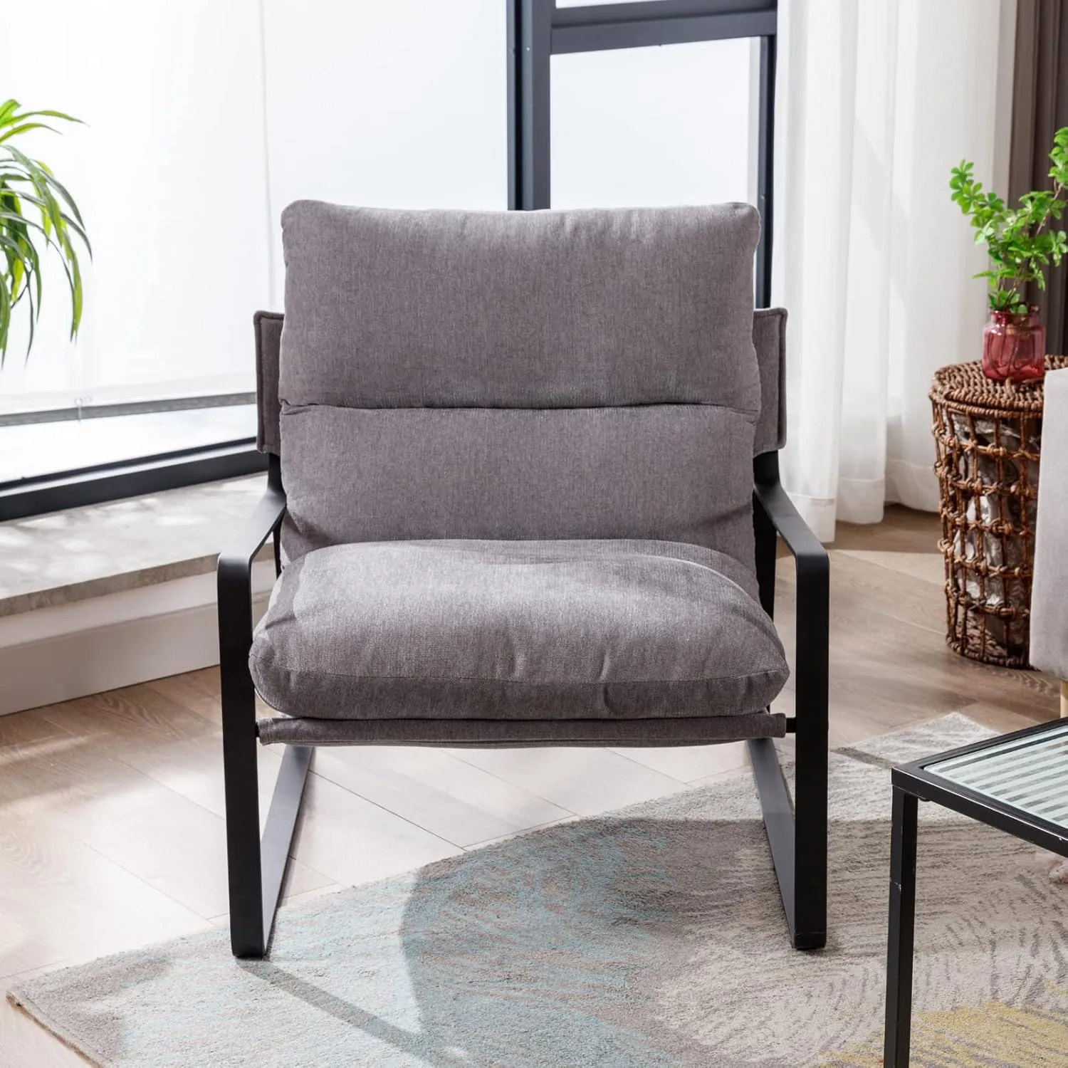 LukeAlon Modern Linen Accent Armchair, Upholstered Living Room Chair with Metal Base Thickened Cushion Single Sofa Chair Comfy Lounge Chair for Bedroom Living Room, Grey