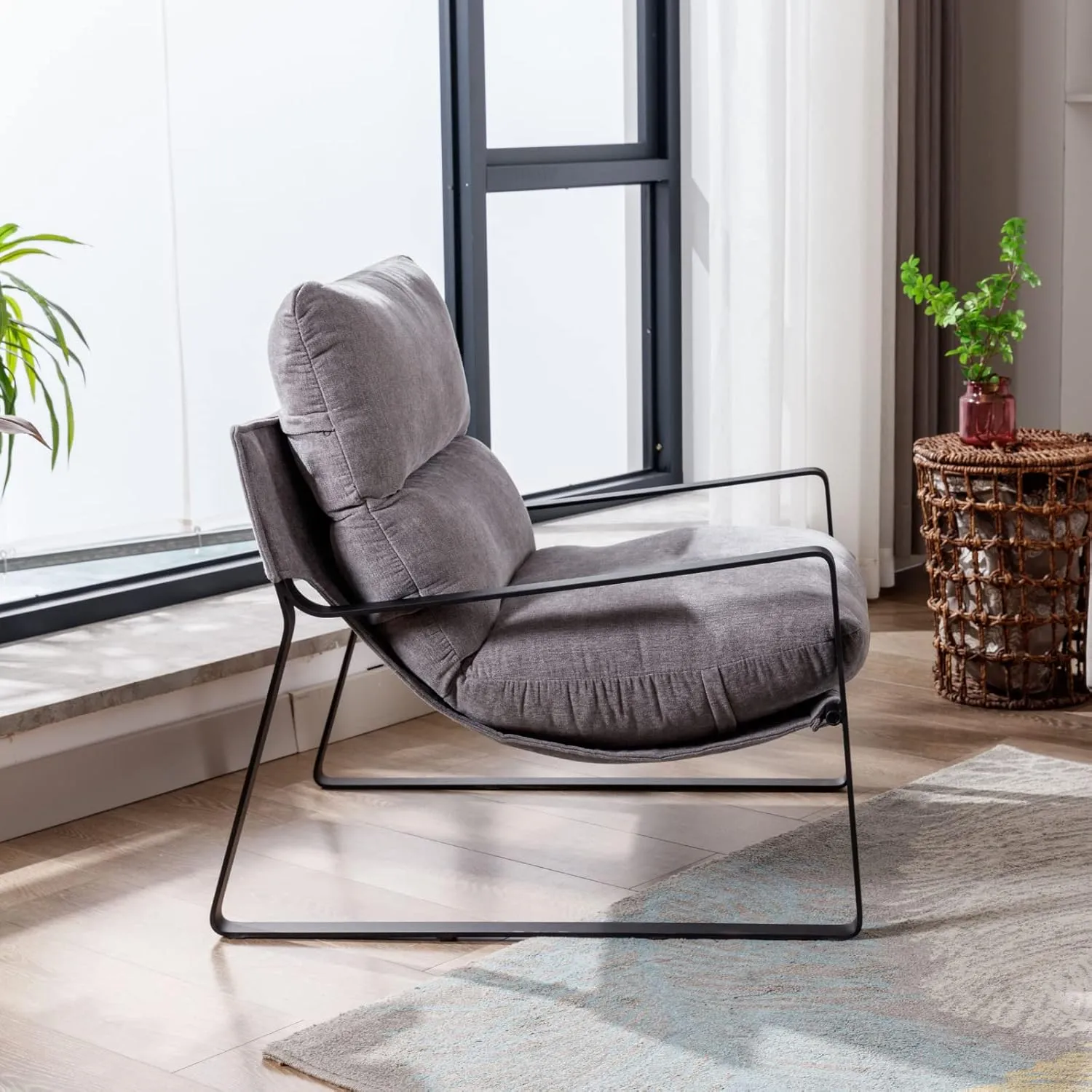 LukeAlon Modern Linen Accent Armchair, Upholstered Living Room Chair with Metal Base Thickened Cushion Single Sofa Chair Comfy Lounge Chair for Bedroom Living Room, Grey