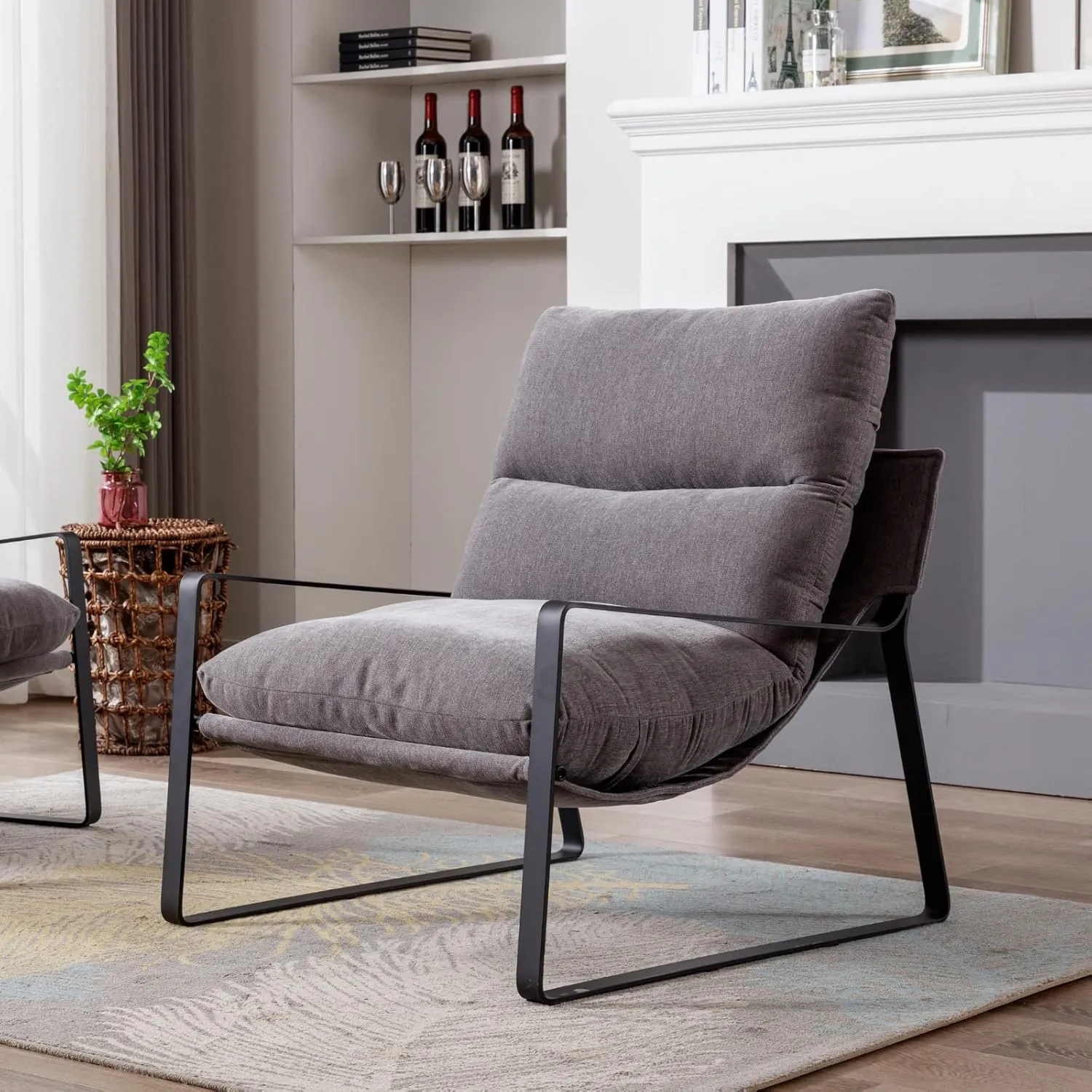 LukeAlon Modern Linen Accent Armchair, Upholstered Living Room Chair with Metal Base Thickened Cushion Single Sofa Chair Comfy Lounge Chair for Bedroom Living Room, Grey