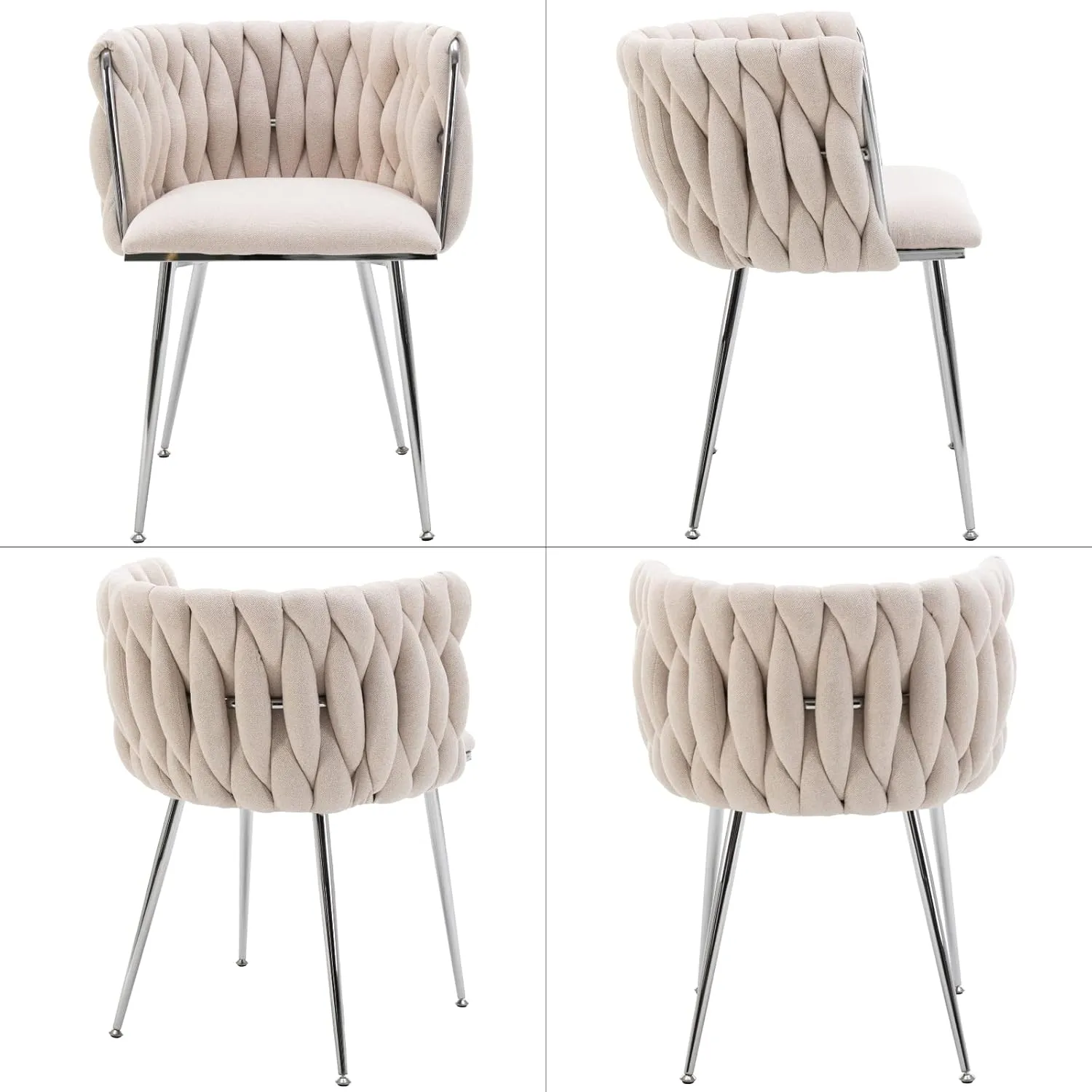 LukeAlon Modern Linen Dining Chairs Set of 4, Weaved Backrest Leisure Chair with Silver Metal Legs Upholstered Side Chairs Accent Living Room Chairs for Kitchen Vanity Room, Beige