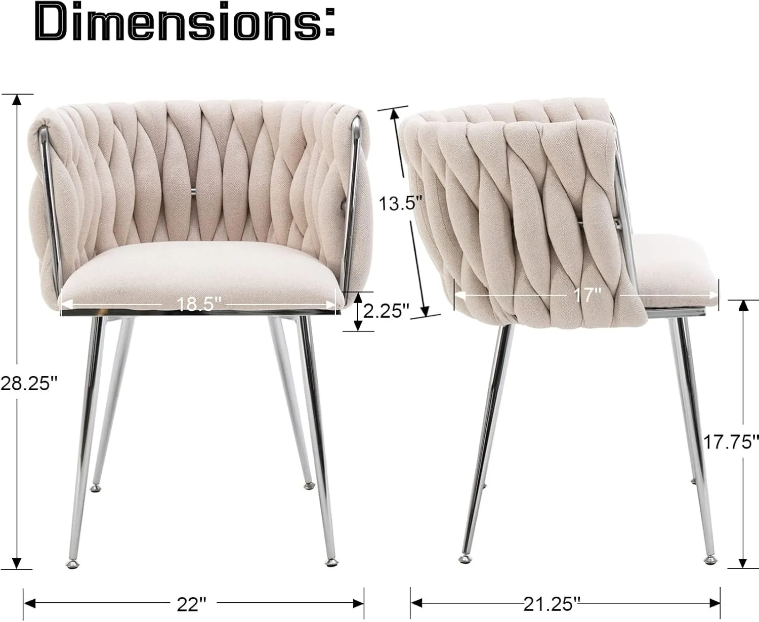 LukeAlon Modern Linen Dining Chairs Set of 4, Weaved Backrest Leisure Chair with Silver Metal Legs Upholstered Side Chairs Accent Living Room Chairs for Kitchen Vanity Room, Beige