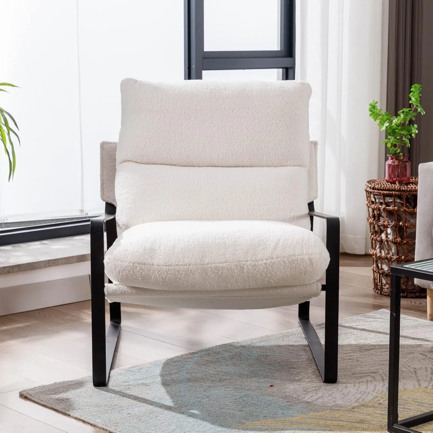 LukeAlon Modern Sherpa Accent Armchair, Upholstered Living Room Chair with Metal Base Thickened Cushion Single Sofa Chair Comfy Lounge Chair for Bedroom Living Room, White