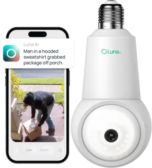 Luna Light Bulb Security Camera Wireless Outdoor Indoor, 360° Pan Tilt, Color Night Vision, Intelligent AI Motion Detection, Two-Way Talk, Porch Light Cameras for Home/Store/Office/Hallway