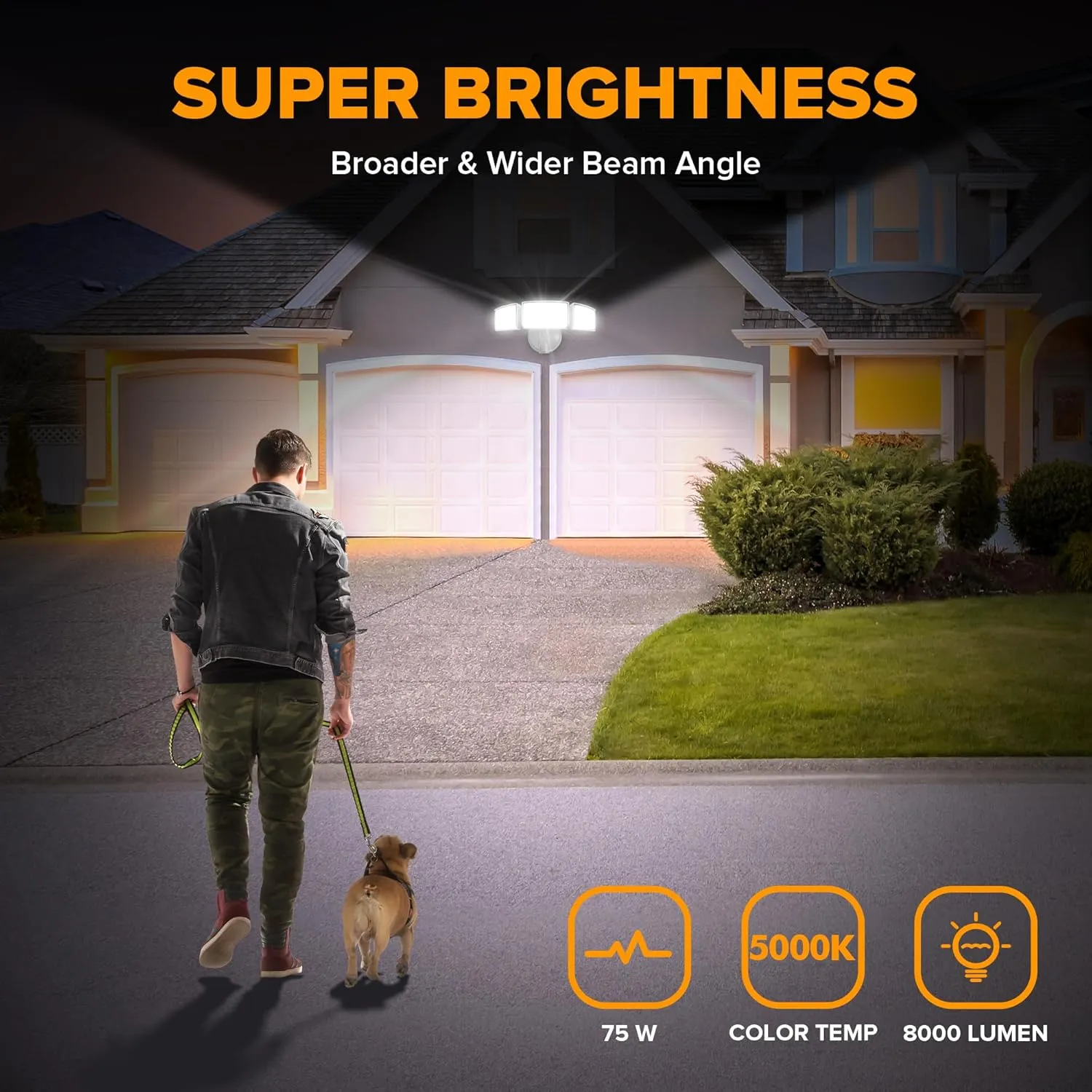 LUTEC 75W 8000 Lumen Floods Light Outdoor, Switch Controlled LED Security Lights with 3 Adjustable Heads, 5000K Daylight, IP65 Waterproof Exterior Flood Light for Outside Garage, Yard, Patio-White