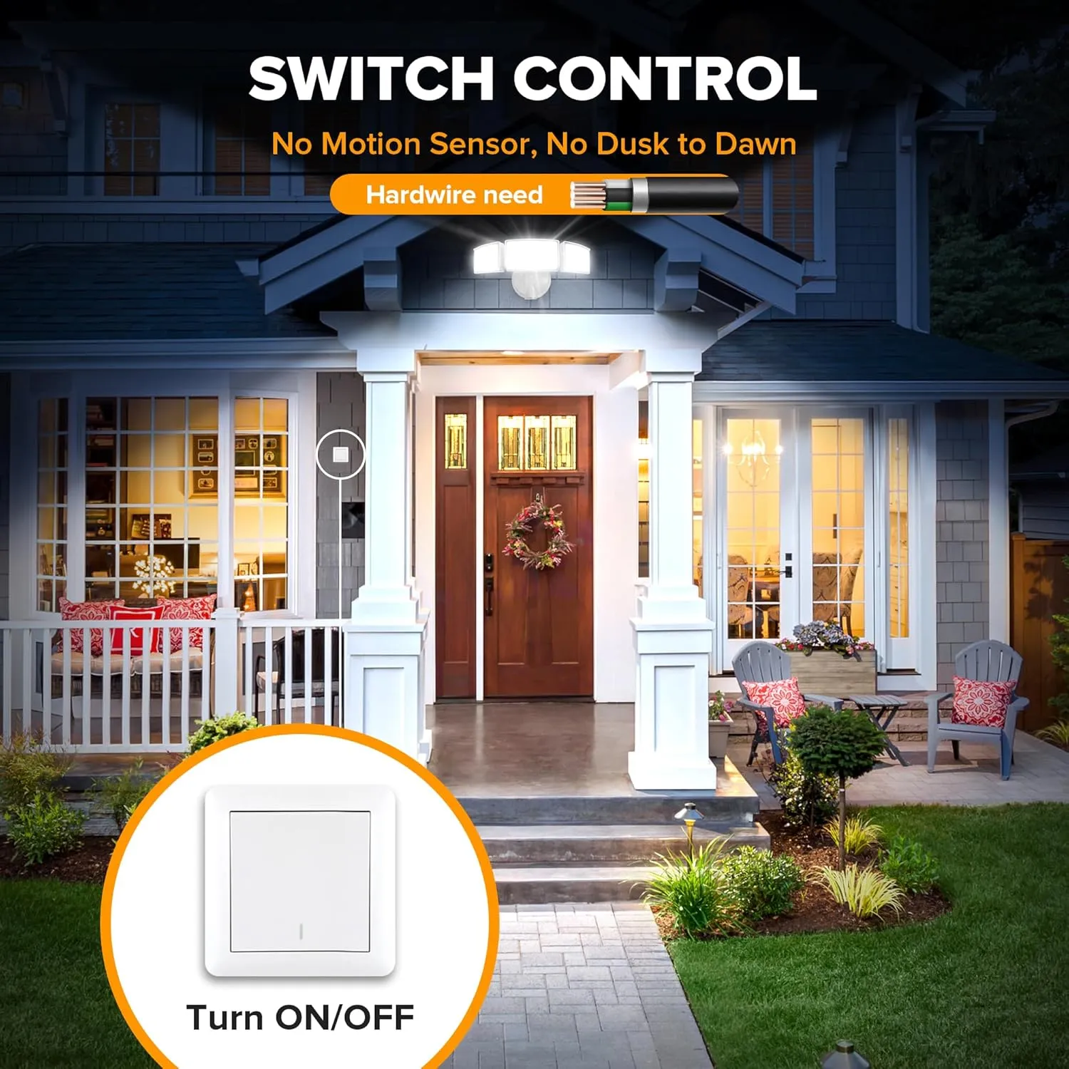 LUTEC 75W 8000 Lumen Floods Light Outdoor, Switch Controlled LED Security Lights with 3 Adjustable Heads, 5000K Daylight, IP65 Waterproof Exterior Flood Light for Outside Garage, Yard, Patio-White