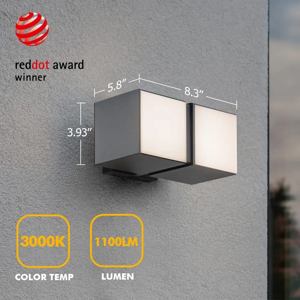 LUTEC Cuba Dusk to Dawn Outdoor Wall Lights, 3000K 1100LM LED Integrated Porch Wall Light Outdoor, IP54 Waterproof Aluminum Wall Sconce Exterior Light for Porch Patio Garage-Black