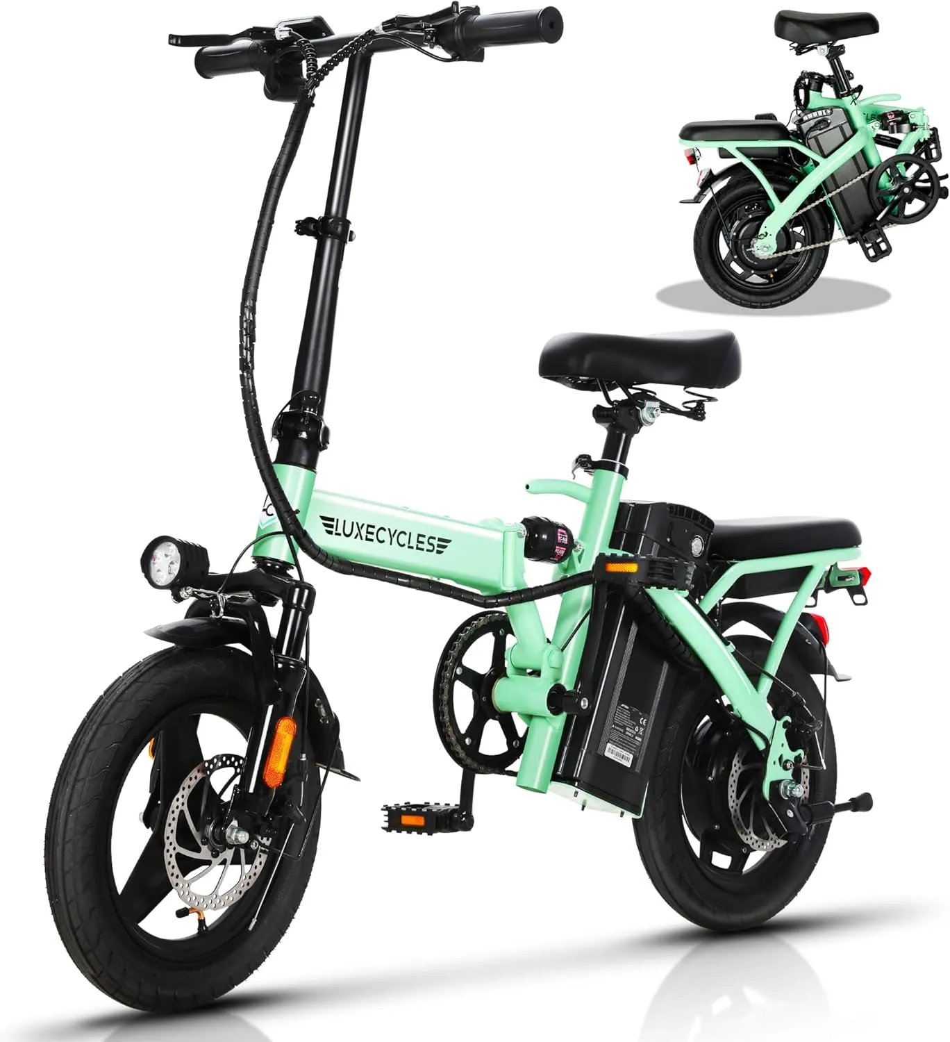 Luxevelo 500W Folding Electric Bike for Adults – 48V 13Ah Removable Battery, 14" Tires, 3-Speed Pedal Assist, Dual Disc Brakes, Full Suspension, Compact Foldable Frame, Lightweight Commuter Ebike