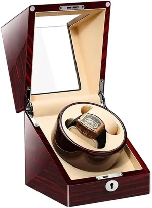 Luxury Double Watch Winder Wooden Automatic Watch Winder Box for 2 Watches Watch Display Case with Mabuchi Motor and Dual Power Supply (Wood Grain beige)