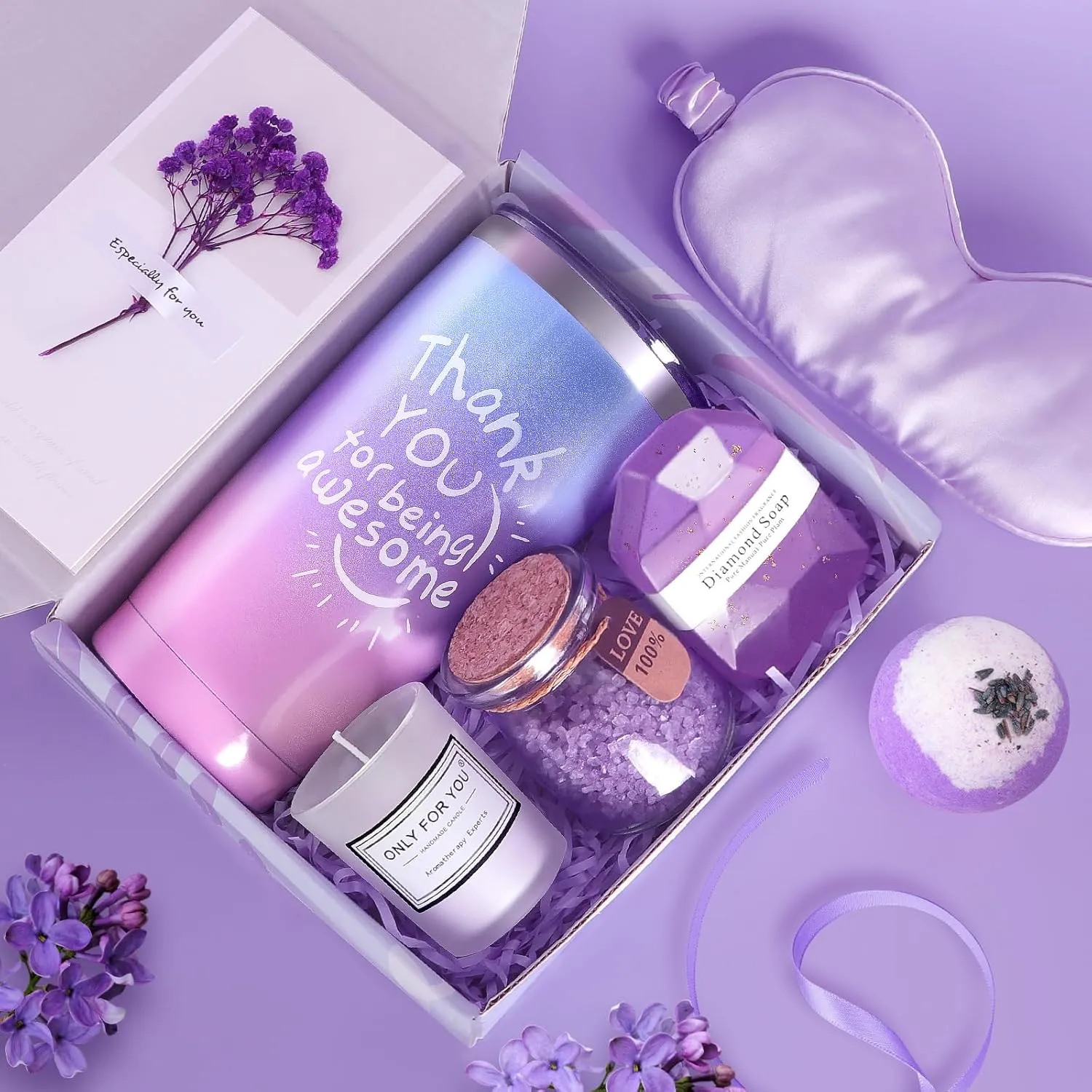 MACEVIA Birthday Gifts for Women, Relaxing Lavender Spa Basket Set,Thank You Gifts for Women Who Have Everything,Mothers Day for Mom, Sister, Coworker, Wife, Girlfriend
