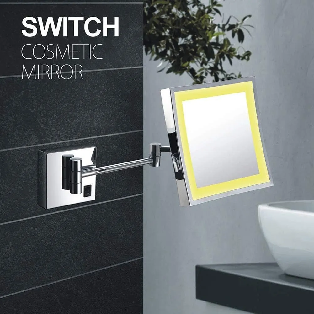 Makeup Mirror Makeup Mirror, Bathroom Shaving Mirror Wall Mounted USB Charge Makeup Mirror with LED Lights and 9X Magnification Single Side Square Vanity Mirror Extendable Built- in Lithium Battery (