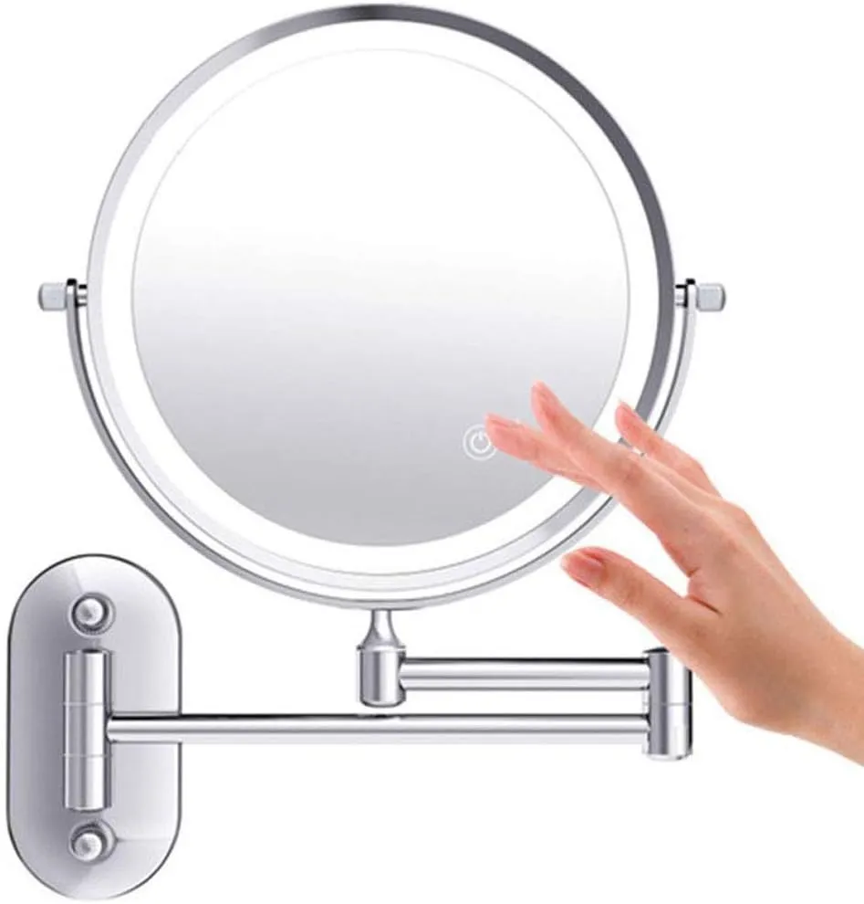 Makeup Mirror Wall Mounted Makeup Mirror 5X Magnification Double Sided Folding LED Bathroom Mirror with 3 Color Lights Retractable 360° Swivel Illumin