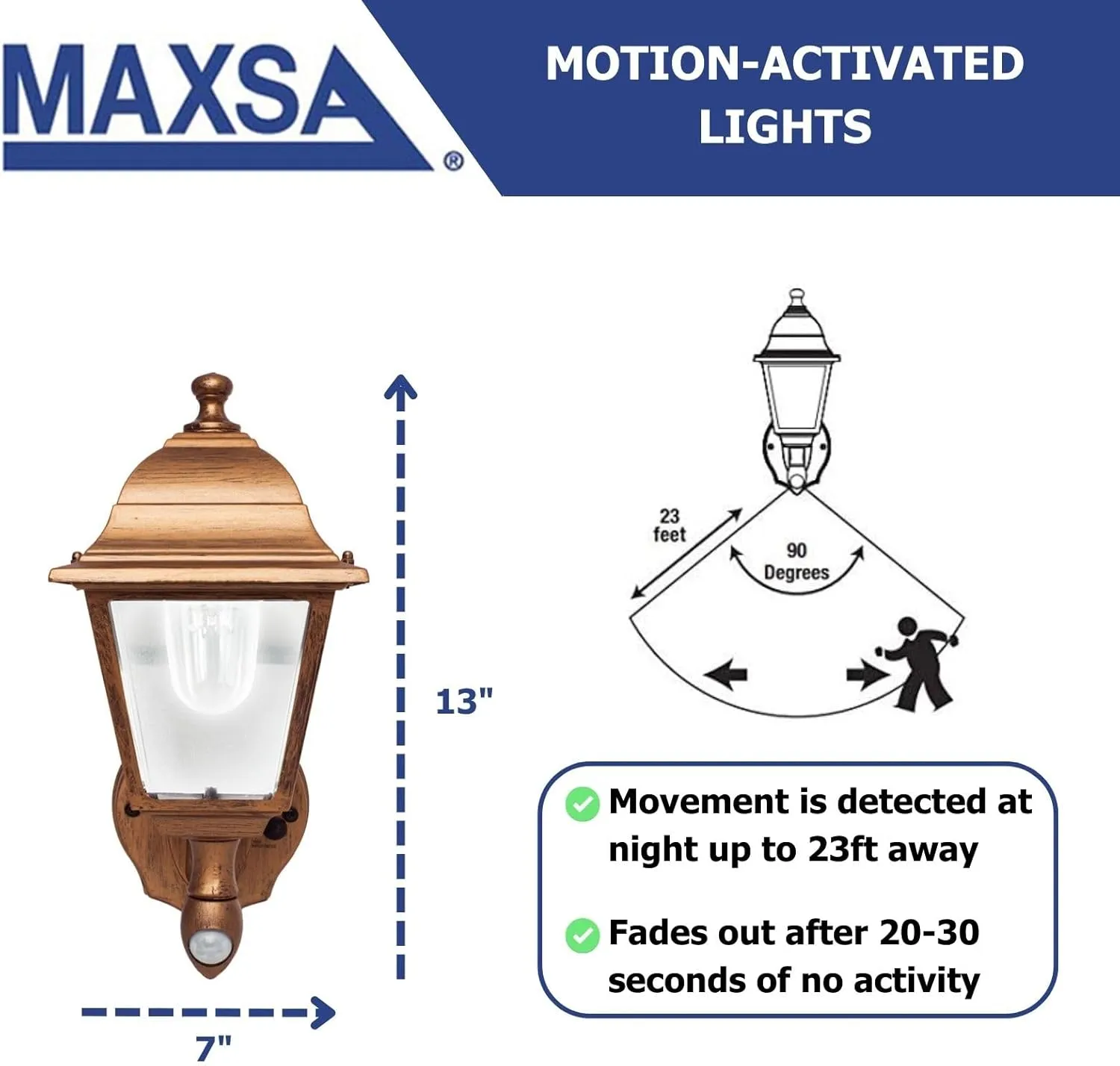 Maxsa 48219 Premium Battery-Powered Motion-Activated Decorative Outdoor Cool White LED Wall Sconce Lighting Fixture, Metal Housing, Golden Copper
