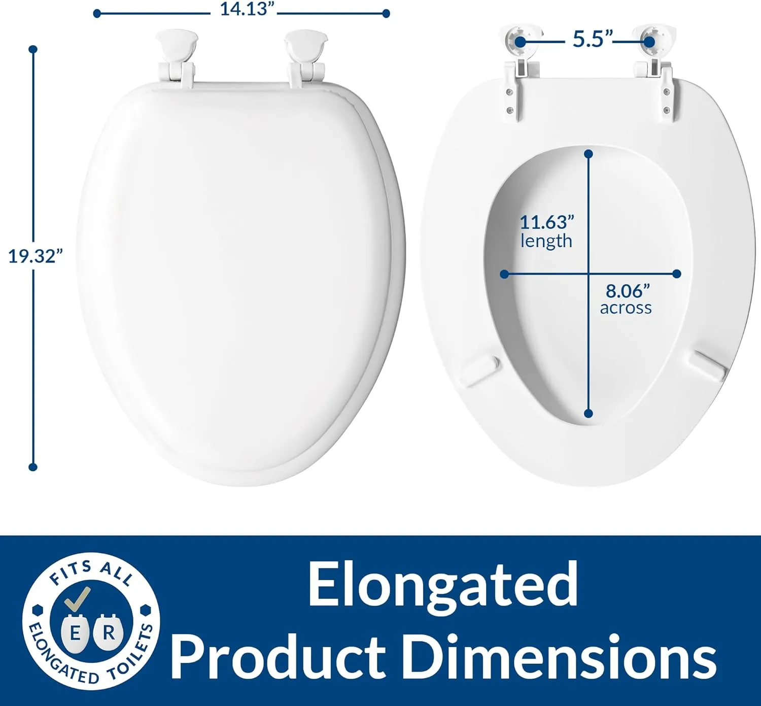 Mayfair Padded Toilet Seat, Cushioned Soft Vinyl over Wood Core Seat, Secure Hinges, Easy Clean, Elongated, White