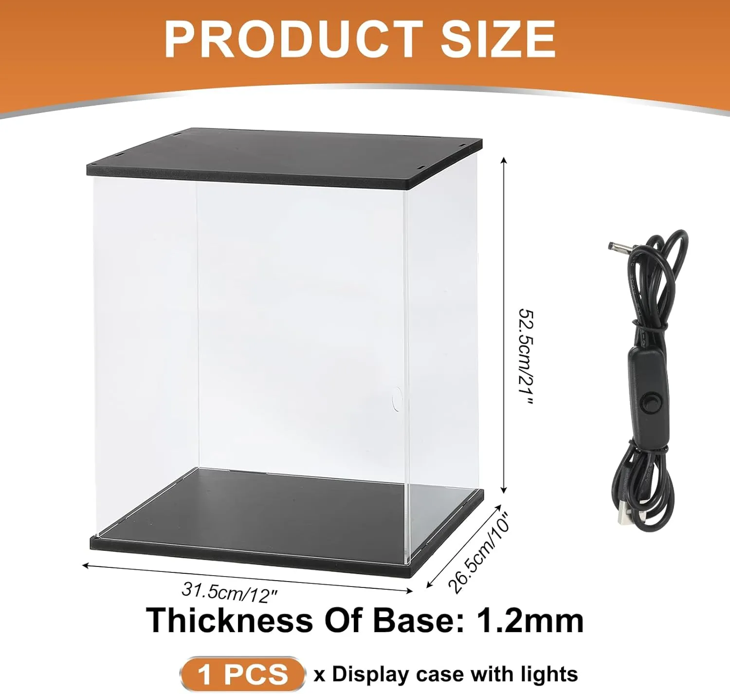 MECCANIXITY Clear Display Case, Acrylic Figure Display Case Clear Display Boxes for Collectibles, Figures Model Toys Home Storage(with Square LED Light, 12x10x21 Inch Black Base)