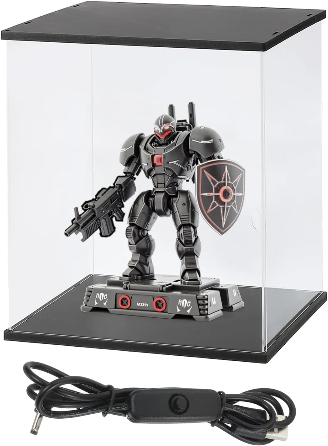 MECCANIXITY Clear Display Case, Acrylic Figure Display Case Clear Display Boxes for Collectibles, Figures Model Toys Home Storage(with Square LED Light, 12x10x21 Inch Black Base)