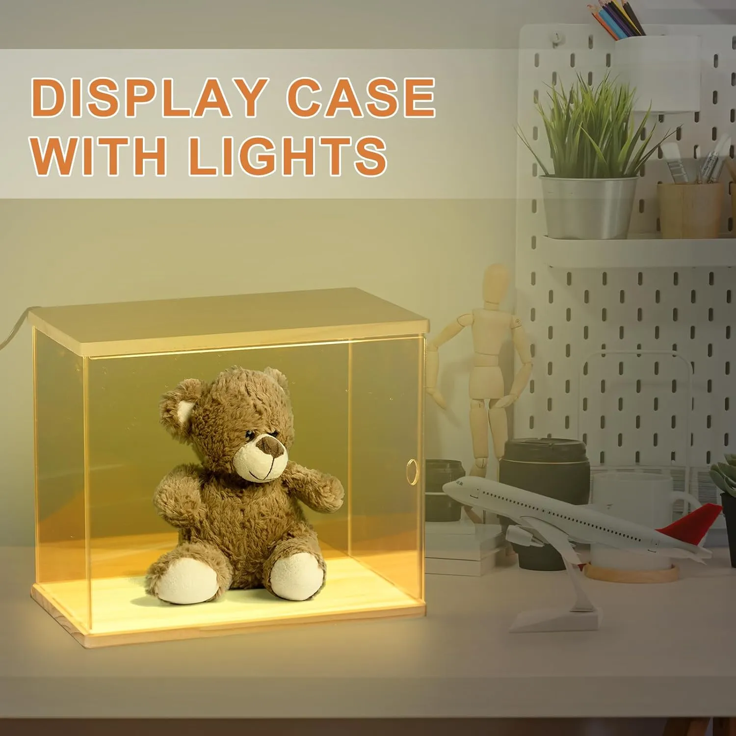MECCANIXITY Clear Display Case, Acrylic Figure Display Case Clear Display Boxes for Collectibles, Figures Model Toys Home Storage(with Square LED Light, 12x10x21 Inch Black Base)