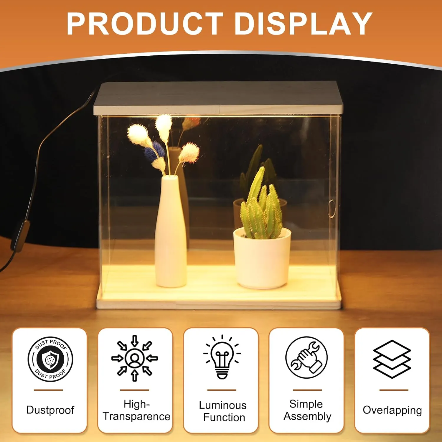 MECCANIXITY Clear Display Case, Acrylic Figure Display Case Clear Display Boxes for Collectibles, Figures Model Toys Home Storage(with Square LED Light, 12x10x21 Inch Black Base)