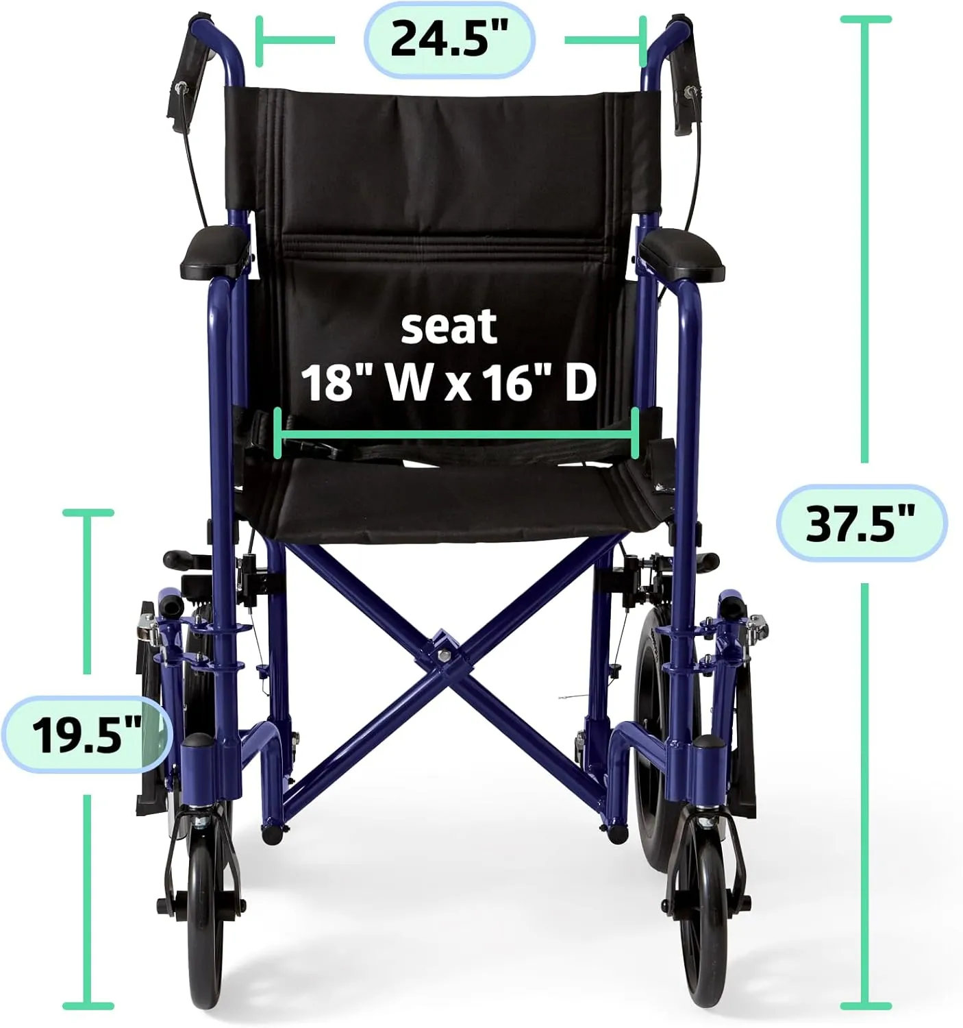 Medline Lightweight Foldable Transport Wheelchair with Handbrakes and 12-Inch Wheels, Blue Frame, Black Upholstery