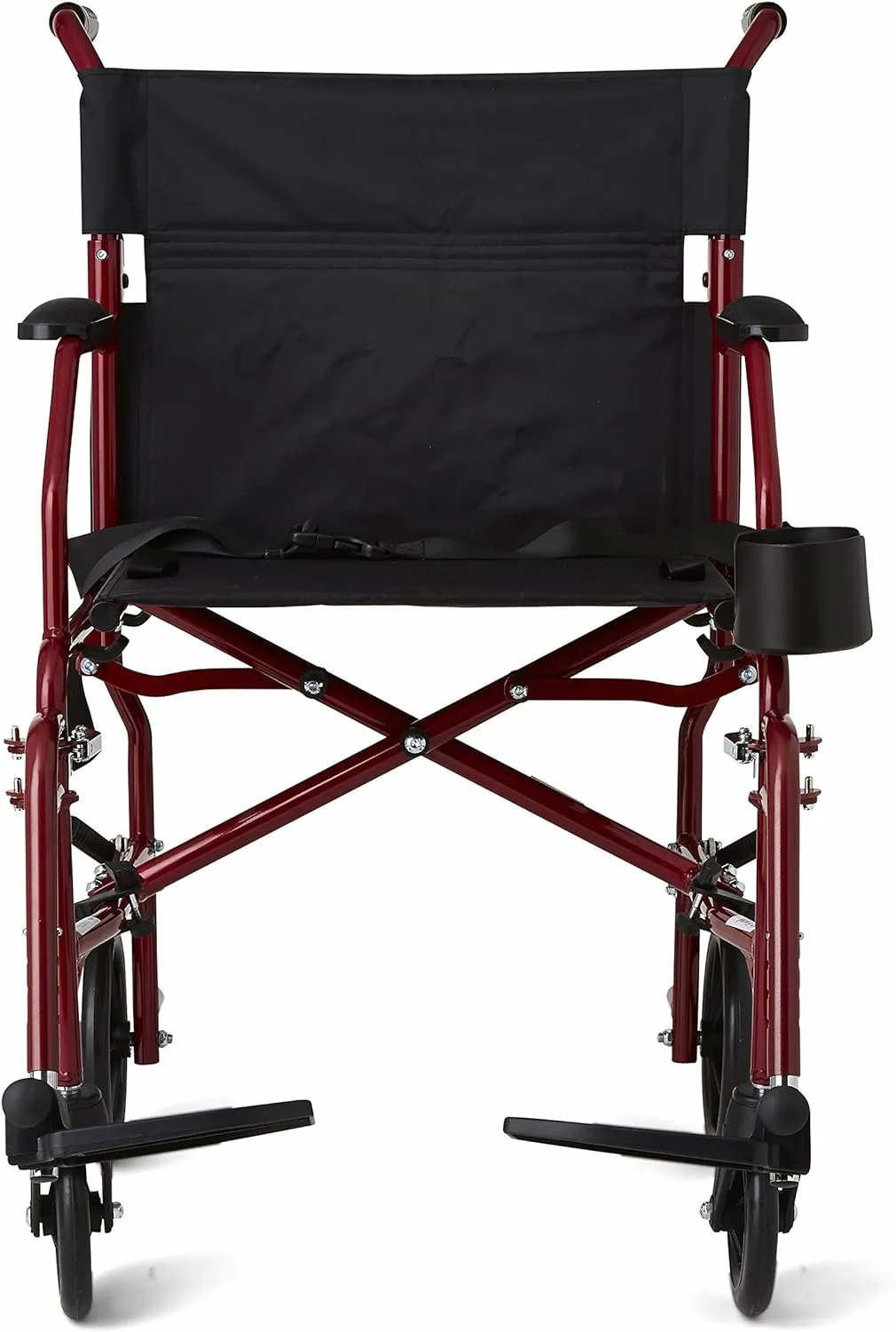 Medline Ultra Lightweight Transport Wheelchair for Adults, Foldable, 19-Inch Seat Width, Red Frame, Black Upholstery