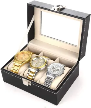 Mens Jewellery Box Watch Box 3 Slot Black Watch Storage Box Metal Buckle Leather Watch Box for Men and Women Watch Gift Box