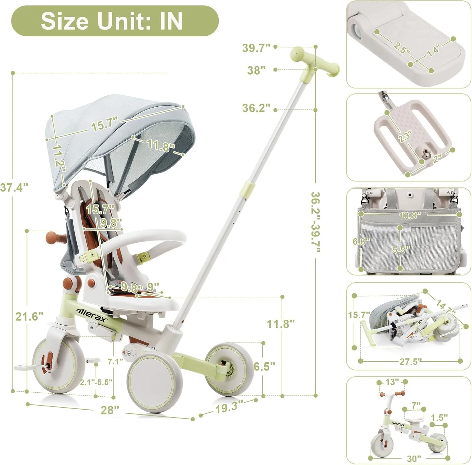 Merax Baby Trike 7-in-1 Toddler Push Bike Parent-Controlled Toddler Tricycle Detachable Footrest