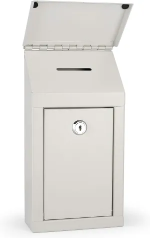 Metal Donation Box-Suggestion Box with Slot and Lock-Cash Lock Box for Money-Drop Box-Outdoor Waterproof Mailbox and Ballot Box-Comes with pre-drilled Holes for Easy Wall mounting 10 X 6 X 2.5(White)
