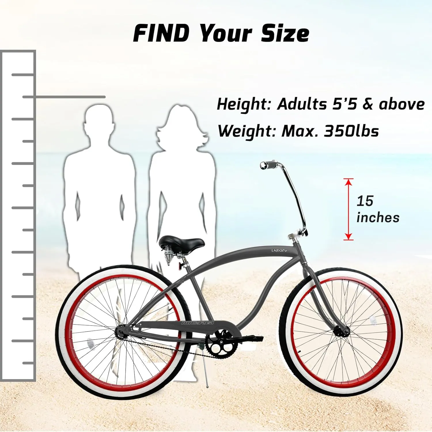 MICARGI Largo 26/29-inch Beach Cruiser Bike, Single or 7 Speed Option, High Rise Handlebar, Three Piece Cranksets, Fat Alloy Rim 80mm, 26/29x3.0 Fat Tire Bike, Bike for Adults, Complete Cruiser Bikes