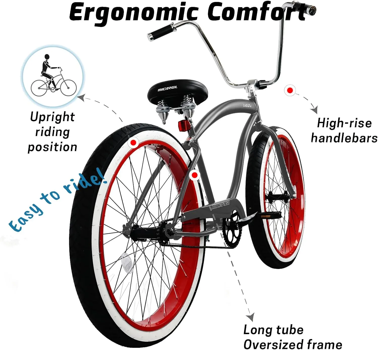 MICARGI Largo 26/29-inch Beach Cruiser Bike, Single or 7 Speed Option, High Rise Handlebar, Three Piece Cranksets, Fat Alloy Rim 80mm, 26/29x3.0 Fat Tire Bike, Bike for Adults, Complete Cruiser Bikes