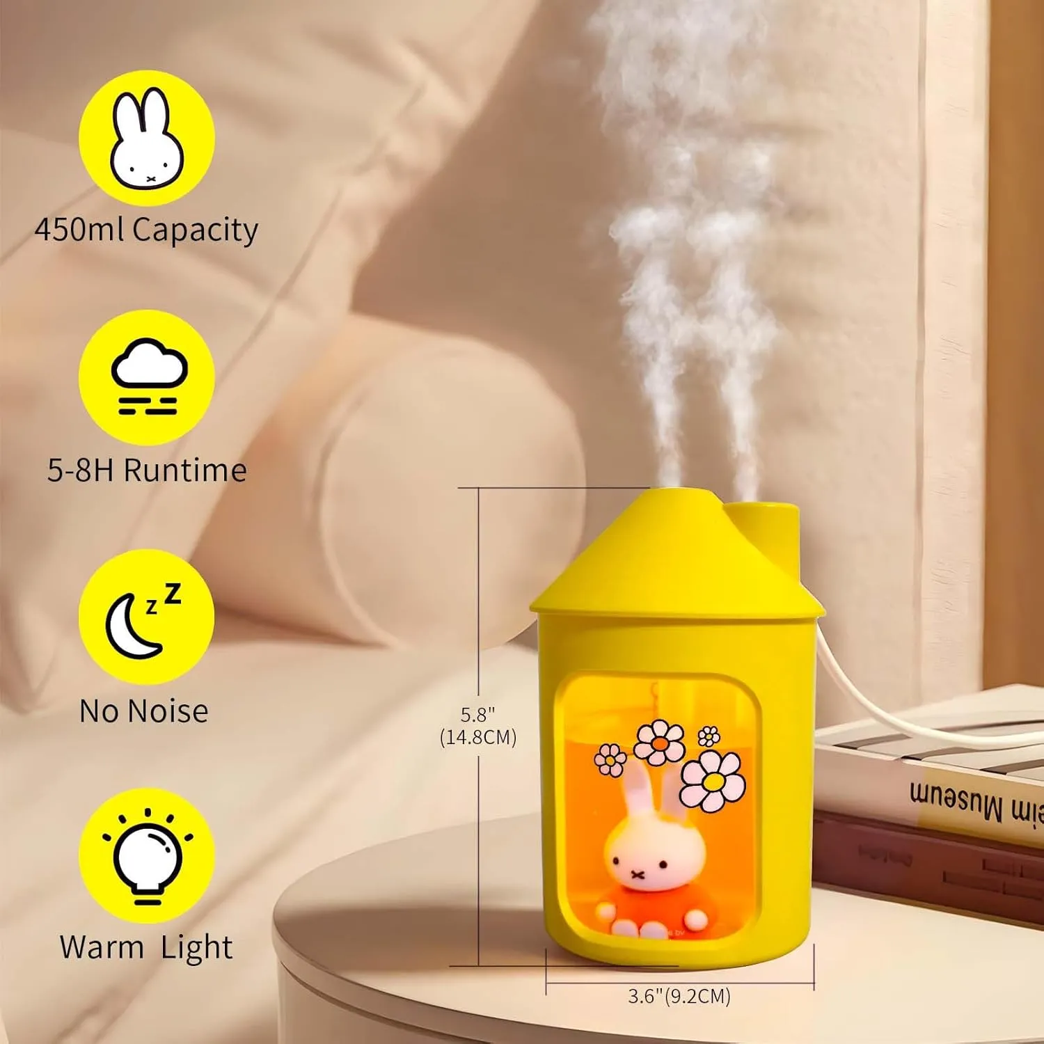 Mipow x Miffy BTA700M Cool Mist Humidifier for Bedroom With Night Light, 450ML Double Spray for Nursery, Office, Indoor Plants (Yellow)