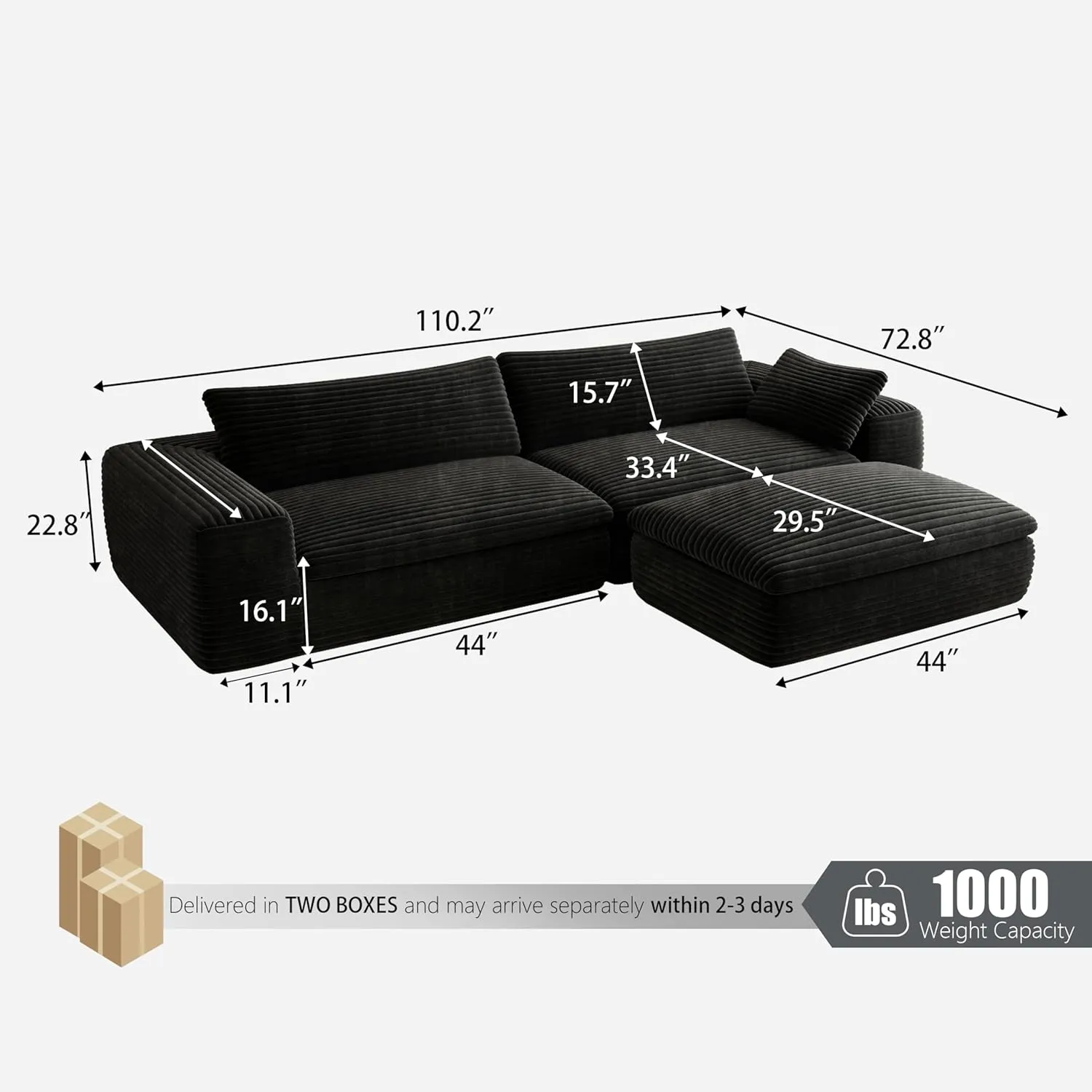 Modular Sectional Couch,Black Corduroy Sofa,3 Seater 110" L Shaped Couches for Living Room Bedroom,Couch in A Box,No Assembly Required.