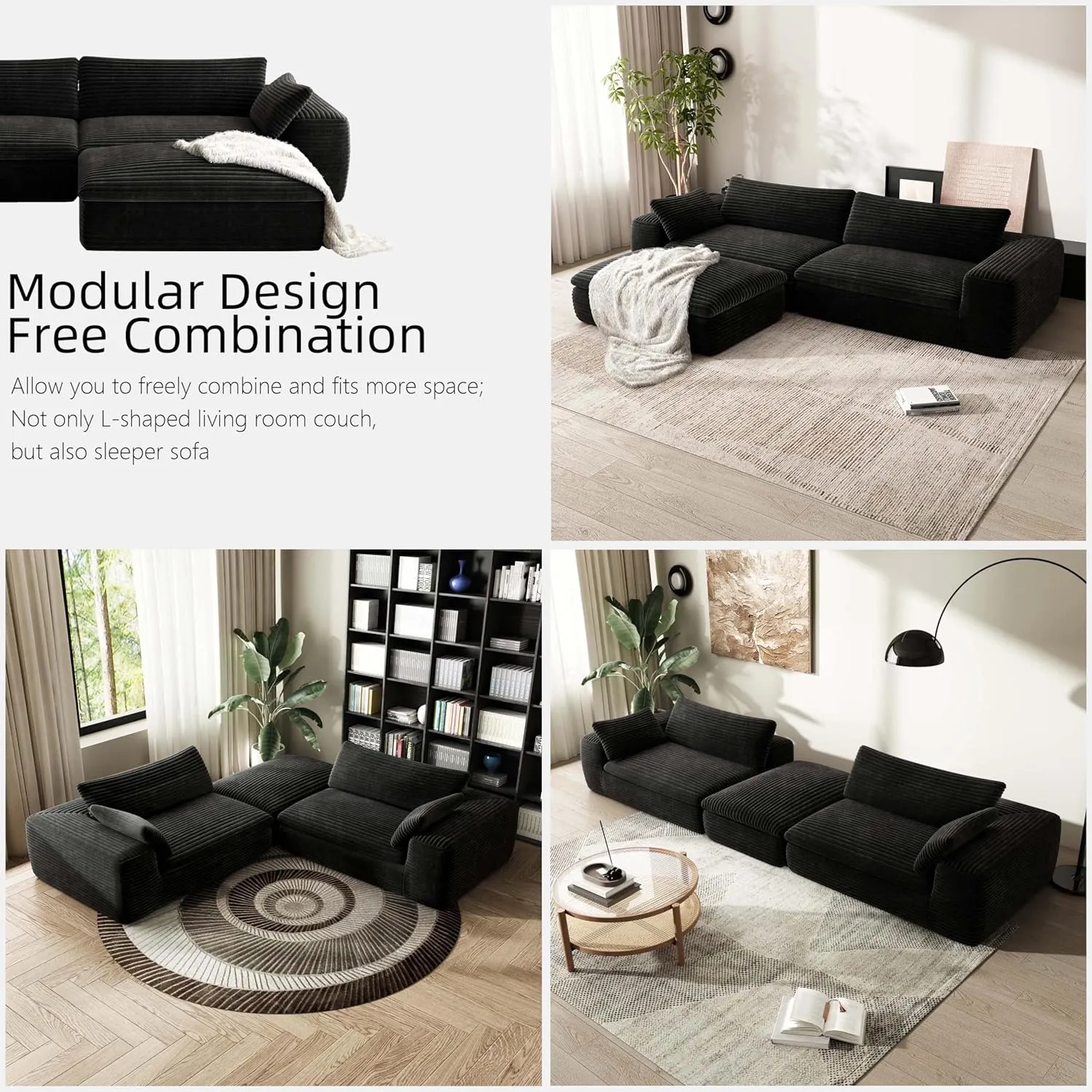 Modular Sectional Couch,Black Corduroy Sofa,3 Seater 110" L Shaped Couches for Living Room Bedroom,Couch in A Box,No Assembly Required.