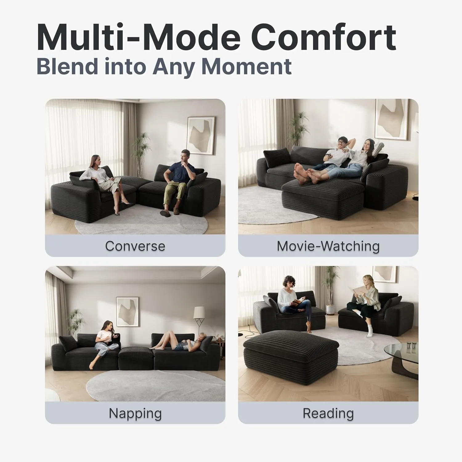 Modular Sectional Couch,Black Corduroy Sofa,3 Seater 110" L Shaped Couches for Living Room Bedroom,Couch in A Box,No Assembly Required.