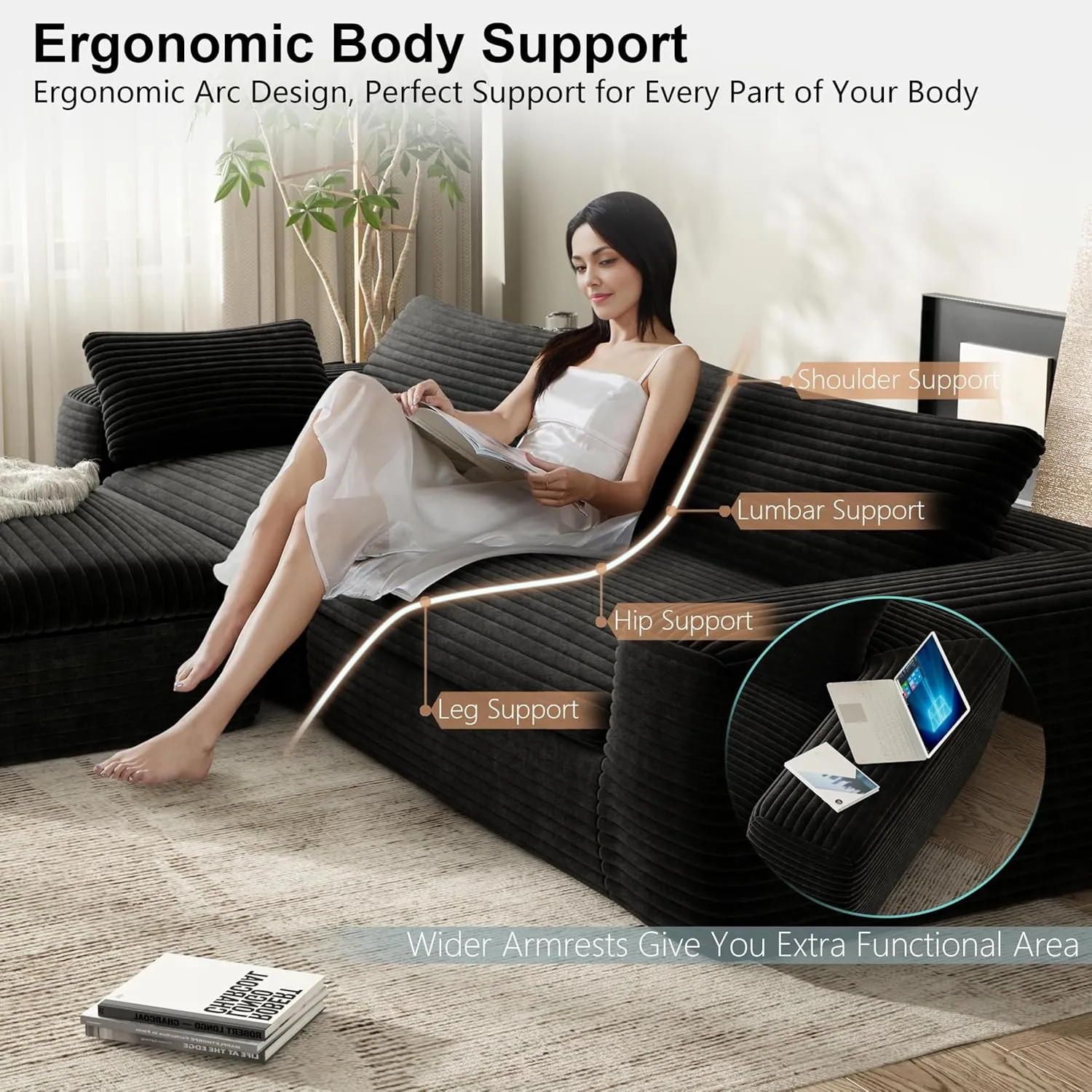 Modular Sectional Couch,Black Corduroy Sofa,3 Seater 110" L Shaped Couches for Living Room Bedroom,Couch in A Box,No Assembly Required.
