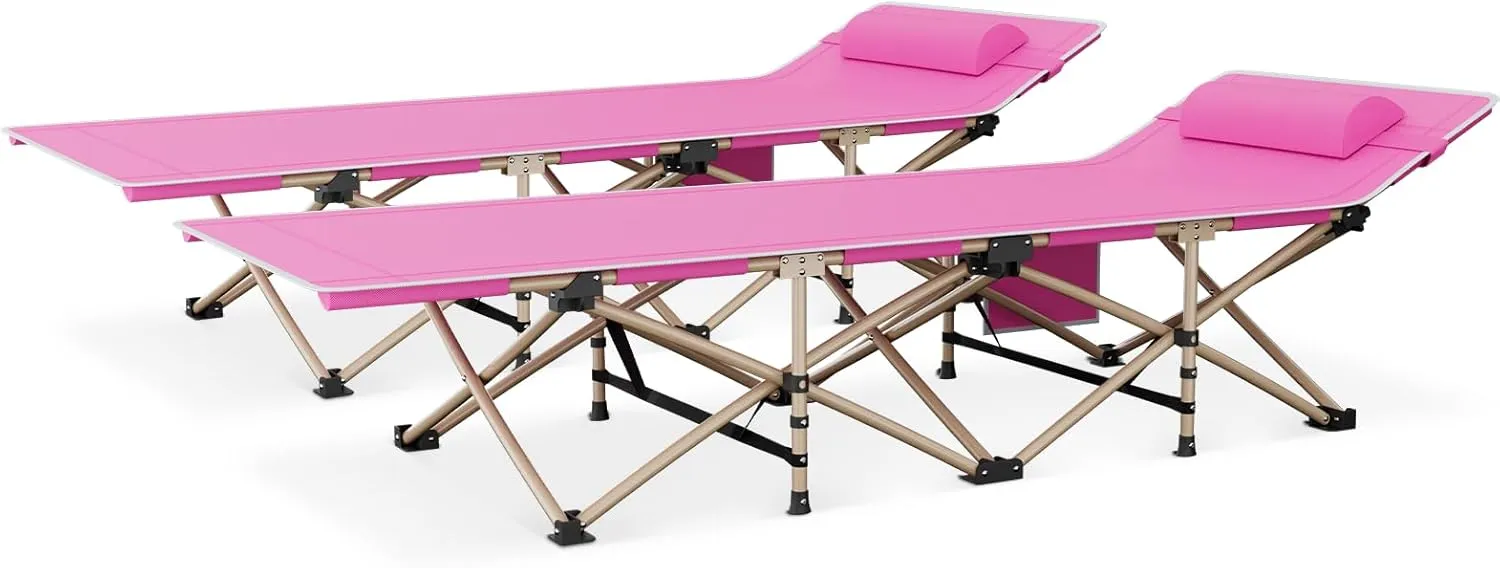 MoNiBloom Camping Bed Set of 2 for Adults, Folding Camping Cot Portable Comfort Sleeping Bed with Pillow and Side Pocket Camp Bed for Hiking Backpacking Traveling, Support 450lbs