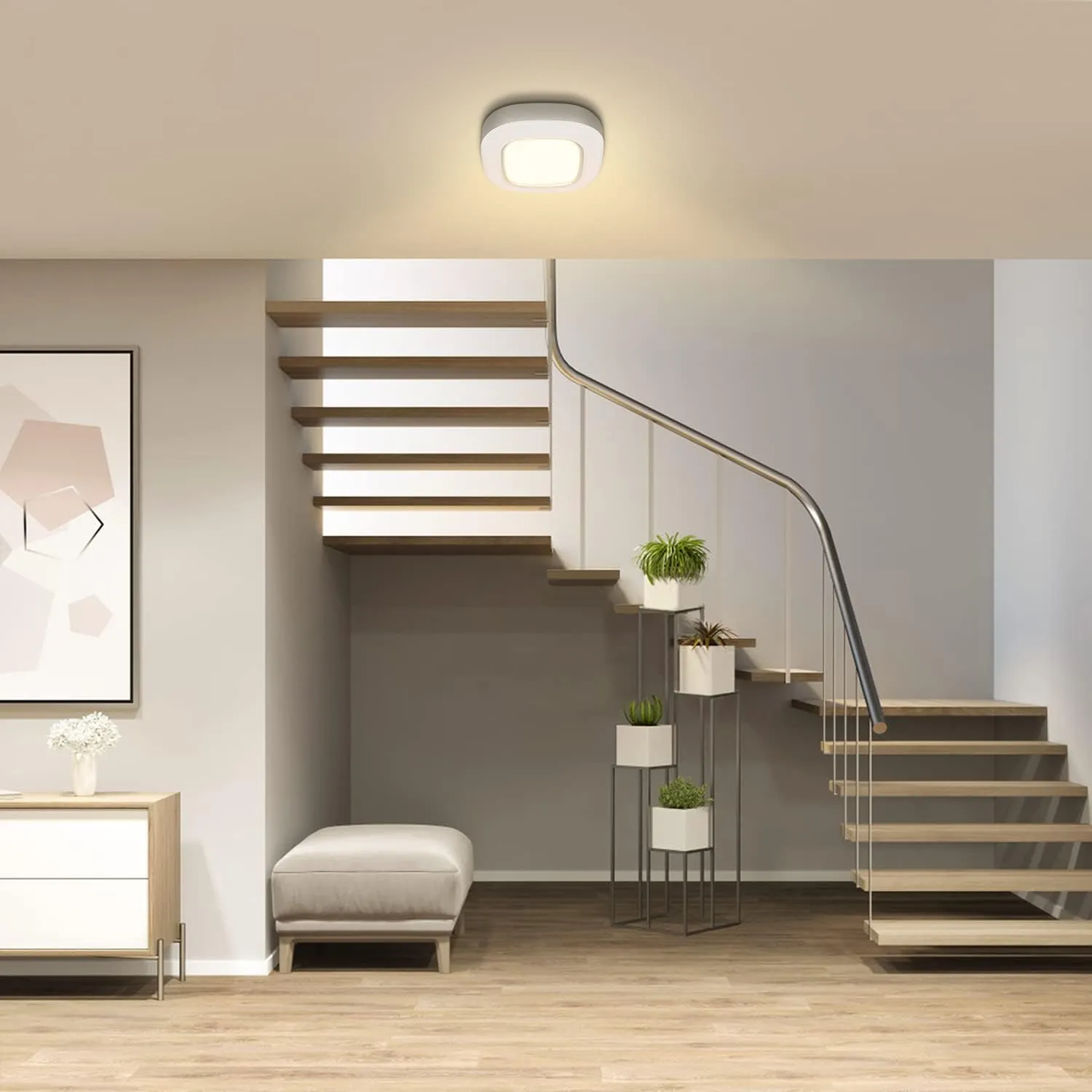 Motion Sensor Battery Operated Lights For Closet, Indoor Wireless Activated LED Ceiling Light Battery Powered 300LM for Stair Kitchen Porch Bathroom Hallway Bedroom Garage, Warm Step Light