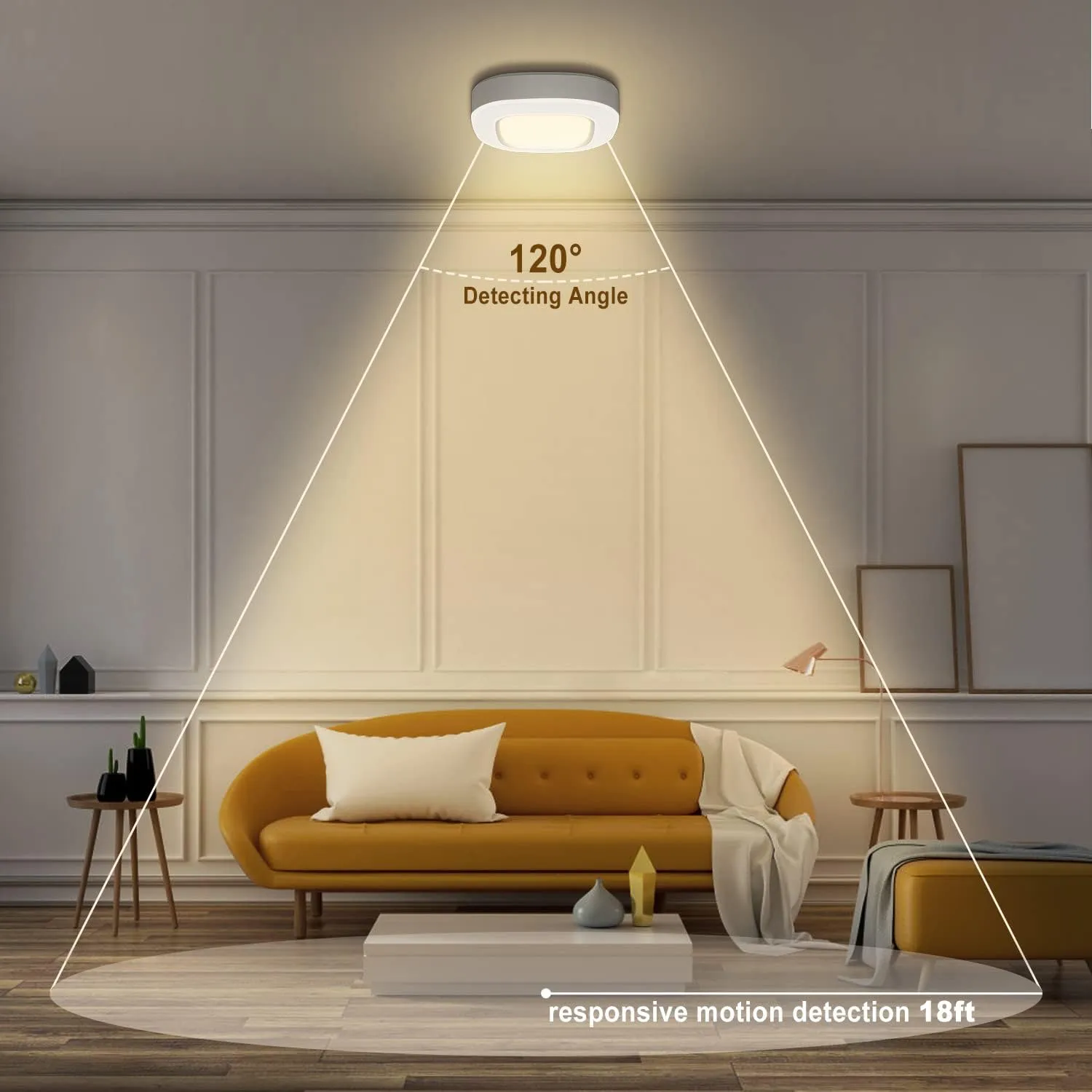 Motion Sensor Battery Operated Lights For Closet, Indoor Wireless Activated LED Ceiling Light Battery Powered 300LM for Stair Kitchen Porch Bathroom Hallway Bedroom Garage, Warm Step Light