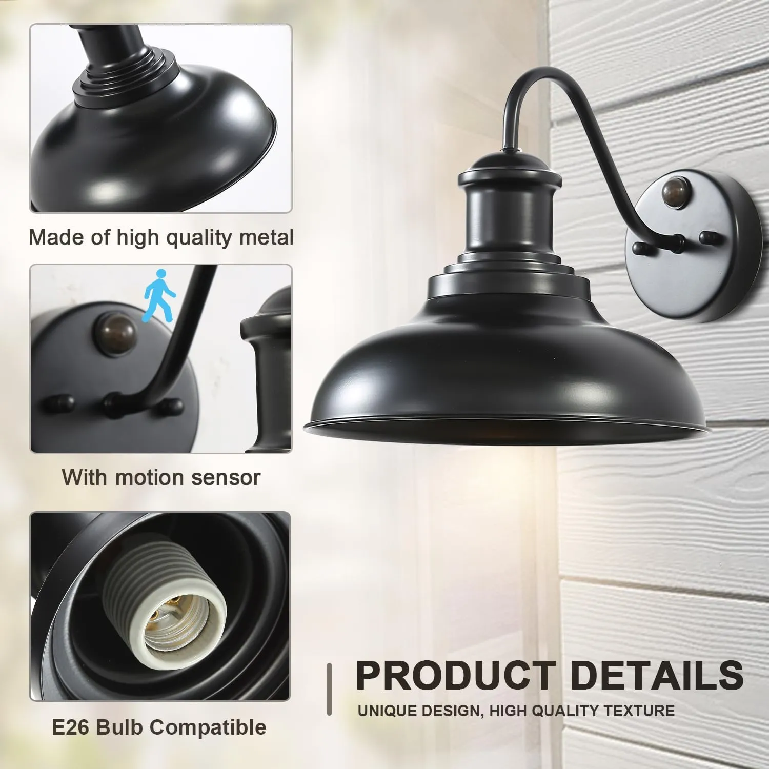 Motion Sensor Outdoor Barn Wall Light Fixtures,Black Farmhouse Gooseneck Sconce,Exterior Sensor Outdoor Barn Light Wall Lighting for Balcony,Entrance,Front Door,Porch,Garage Motion