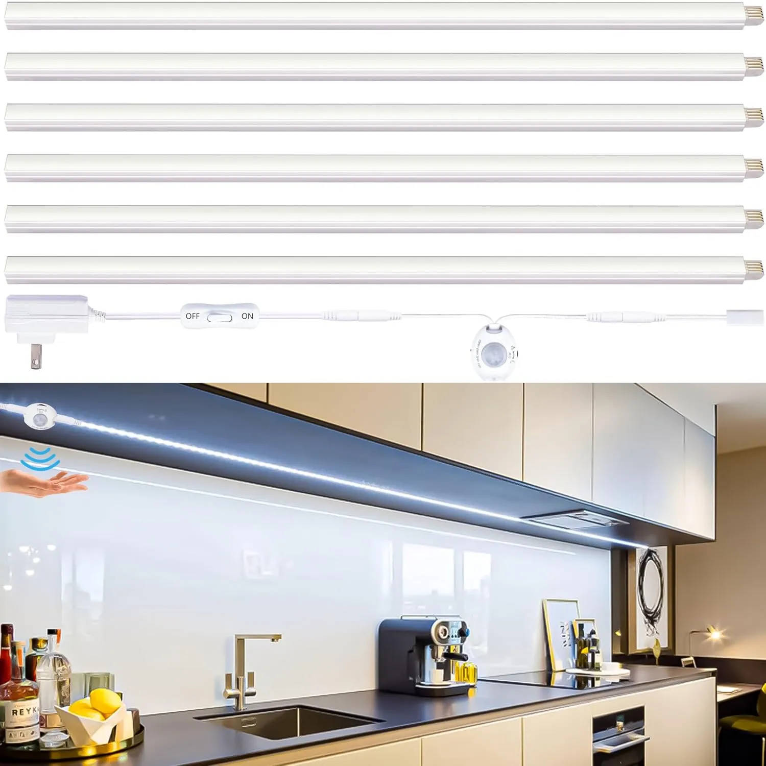 Motion Sensor Under Cabinet Lights, Plug in, Seamlessly Linkable, 6 Pcs 12 Inch Bars, Under Counter Lighting for Kitchen, Closet, Gun Safe, Shelf, Display Case, LED 5000k Daylight